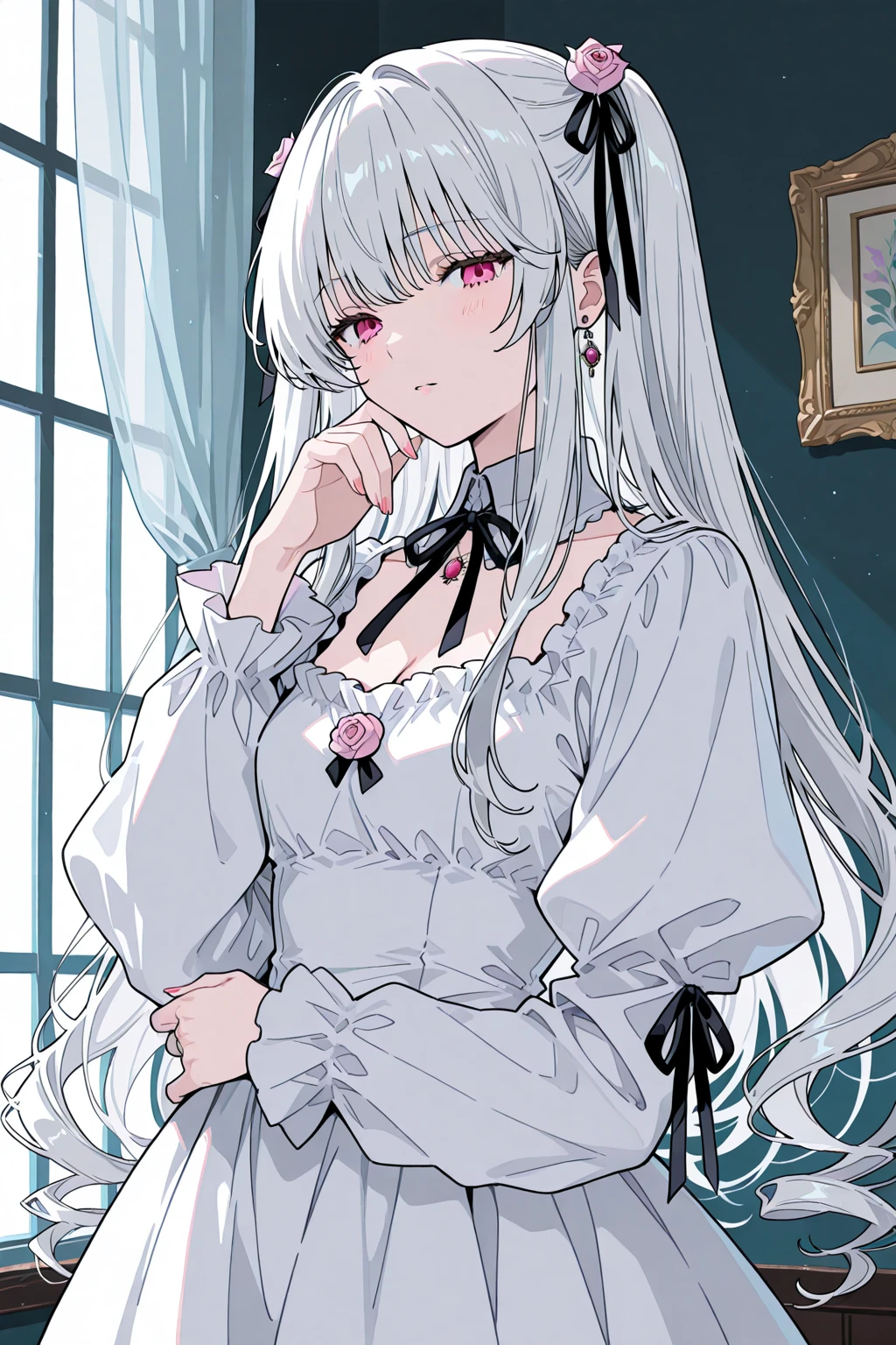 (best quality)), ((masterpiece)), Big , Big , Good shape, White hair, Red iris, Big and bright eyes, Long eyelashes, Small, pale natural lips, Small chin, Lateral are pronounced, Looking at the audience, Focus on the eyes, (Perfect four fingers, 1 thumb)