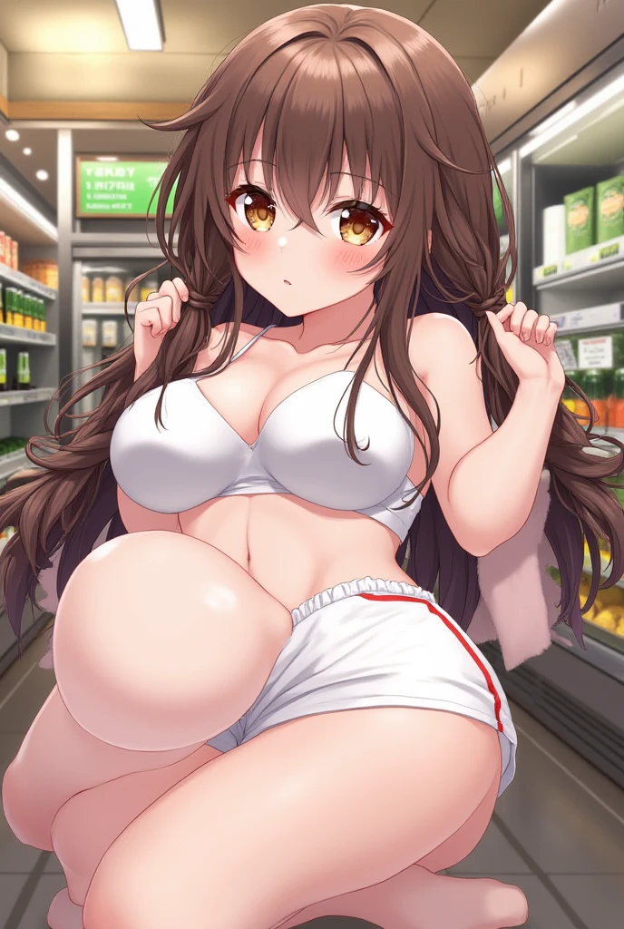 Nagino Sakura, brown eyes, brown hair, hair band, medium length hair,  empty eyes , Running, wearing nothing, big anime eyes, , shiny hair, ????-skin, navel, the groin, BREAK in front of convenience store, ?????????????、　???????, ????, ?????? , wet, Flooding. sea. solo, Peeing, lactation, projectile lactation