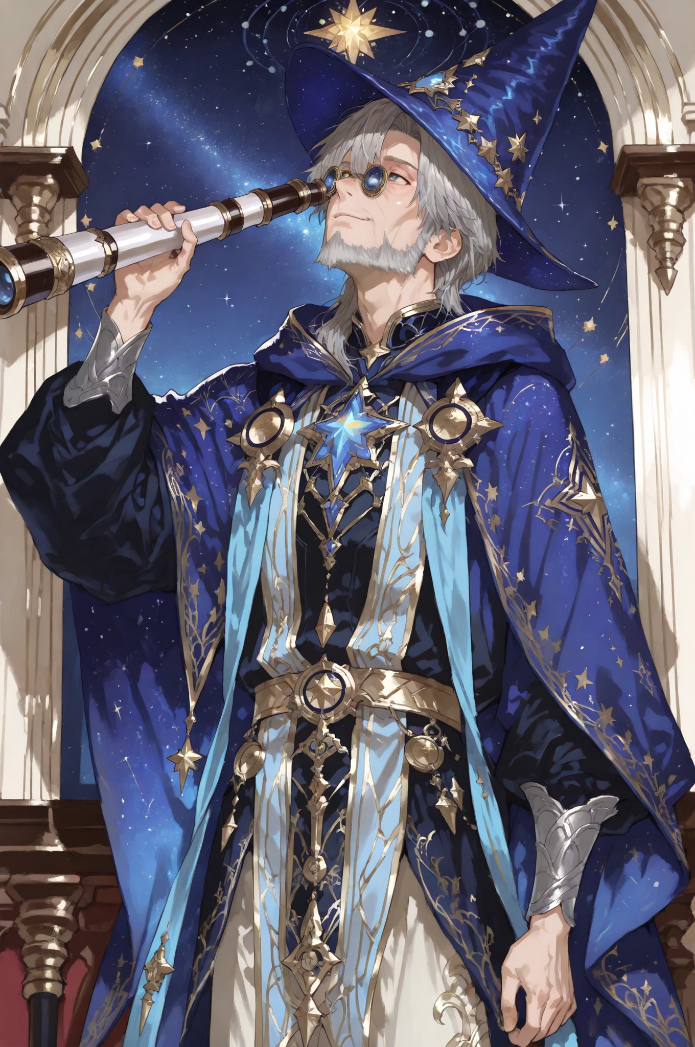 (male fantasy clothes, fantasy fashion, intricate fashion, cool, stylish, fantasy style man, cool fantasy style man, stylish man, handsome man,hand_telescope, holding_telescope , looking up, head up, telescope on eyes, looking away,) Old male character, middle-aged mature cheerful medieval wizard. He is a tall, skinny, with wrinkled face. He has a long two-tone black-and-white beard that reaches to the ground. He has long gray hair carelessly loose. He wearing a blue conical cone-shaped hat on his head decorated with stars. He's wearing a blue hooded robe , cape with a silver lining, loose-fitting trousers and pointy wizard boots.  He holds a silver zodiac staff with a magic multicolored star-crystal hanging. (in the background: The fantasy interior of the house of a magician stargazer. In the room of a stellar planetarium standing a large golden telescope with many lenses. There are paintings of the starry sky and pieces of moonstone on the walls.)