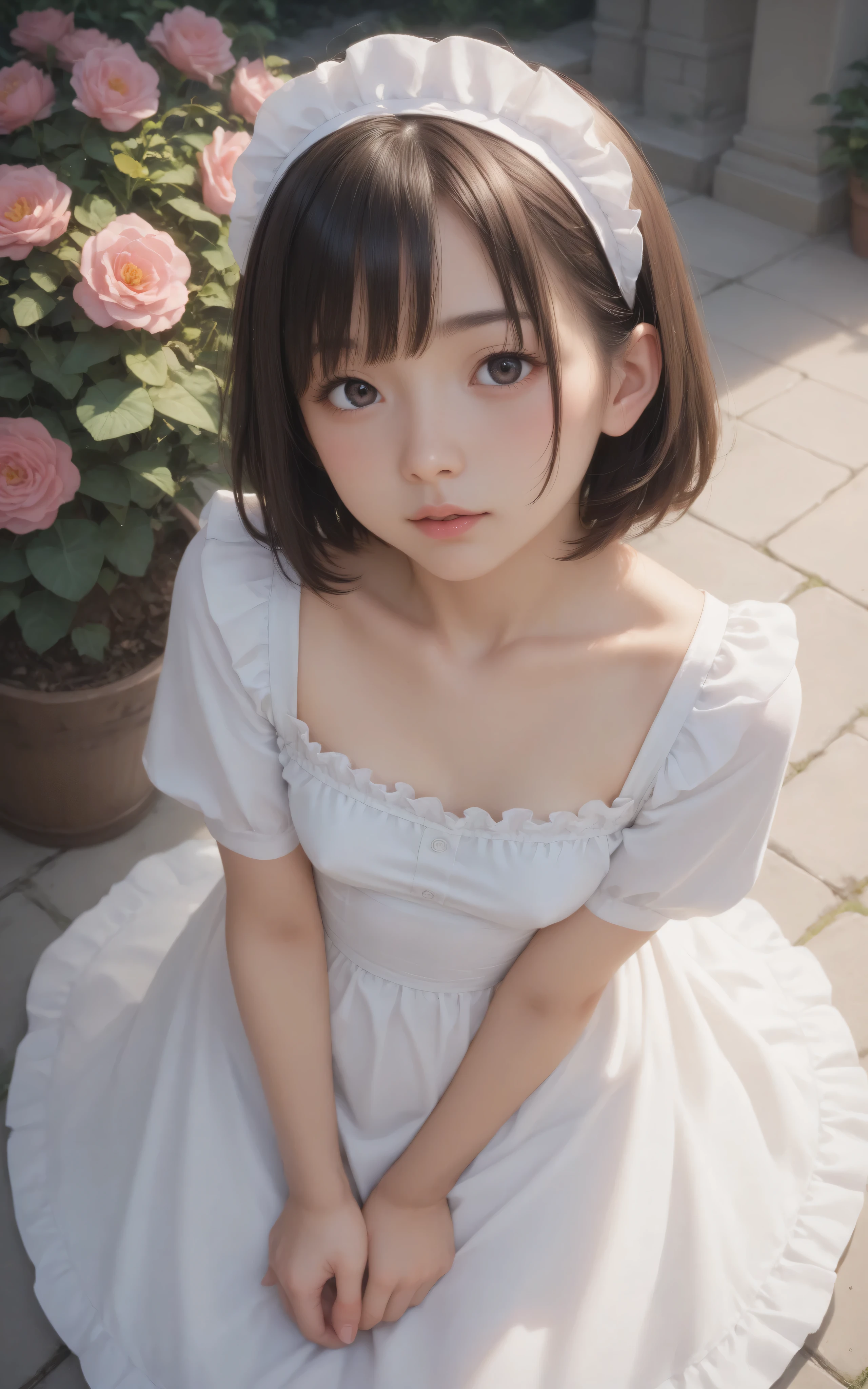 one girl、maids,Look at the audience,(skinny:0.68),(younger:1.12),from above,lean forward,(big boobs:-0.03),is watering flowers outside the mansion,japanese,(Smile Yang:0.06),black lace stockings