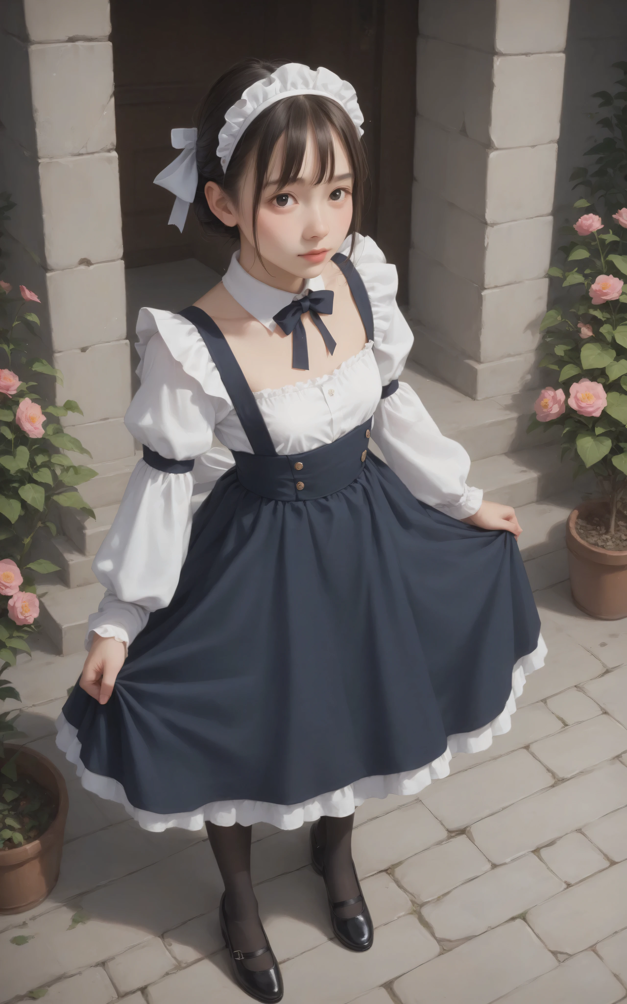 one girl、maids,Look at the audience,(skinny:0.68),(younger:1.12),from above,lean forward,(big boobs:-0.03),is watering flowers outside the mansion,japanese,(Smile Yang:0.06),black lace stockings