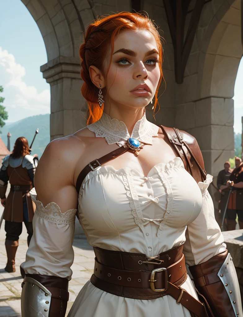 Female orc, pele verde, peito enorme, 1girl, armadura, bonita, segurando o machado