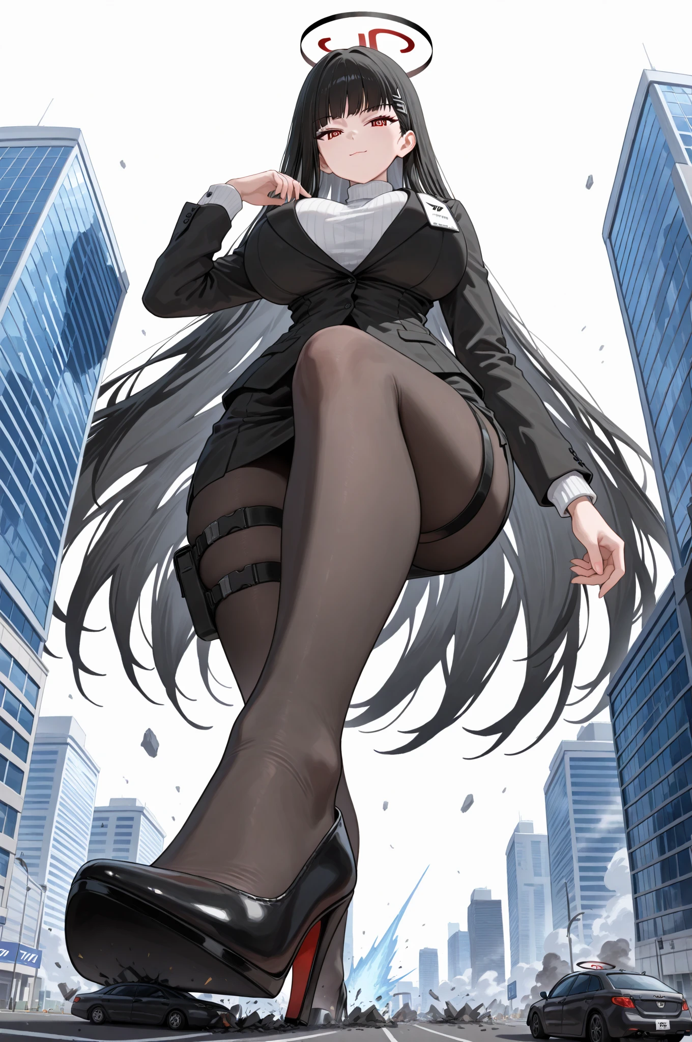 (masterpiece:1.37), best quality, (extremely detailed:1.37) woman, (adult:1.5), (very long hair:1.5), dark purple hair, purple eyes, (extremely detailed eyes:1.37), breasts, business suit, necktie, (very long pencil skirt:2.0), pantyhose, (wetting herself:2.0), standing straight, full body day, daytime, glow, facing viewer, perfect composition, full body, city, street