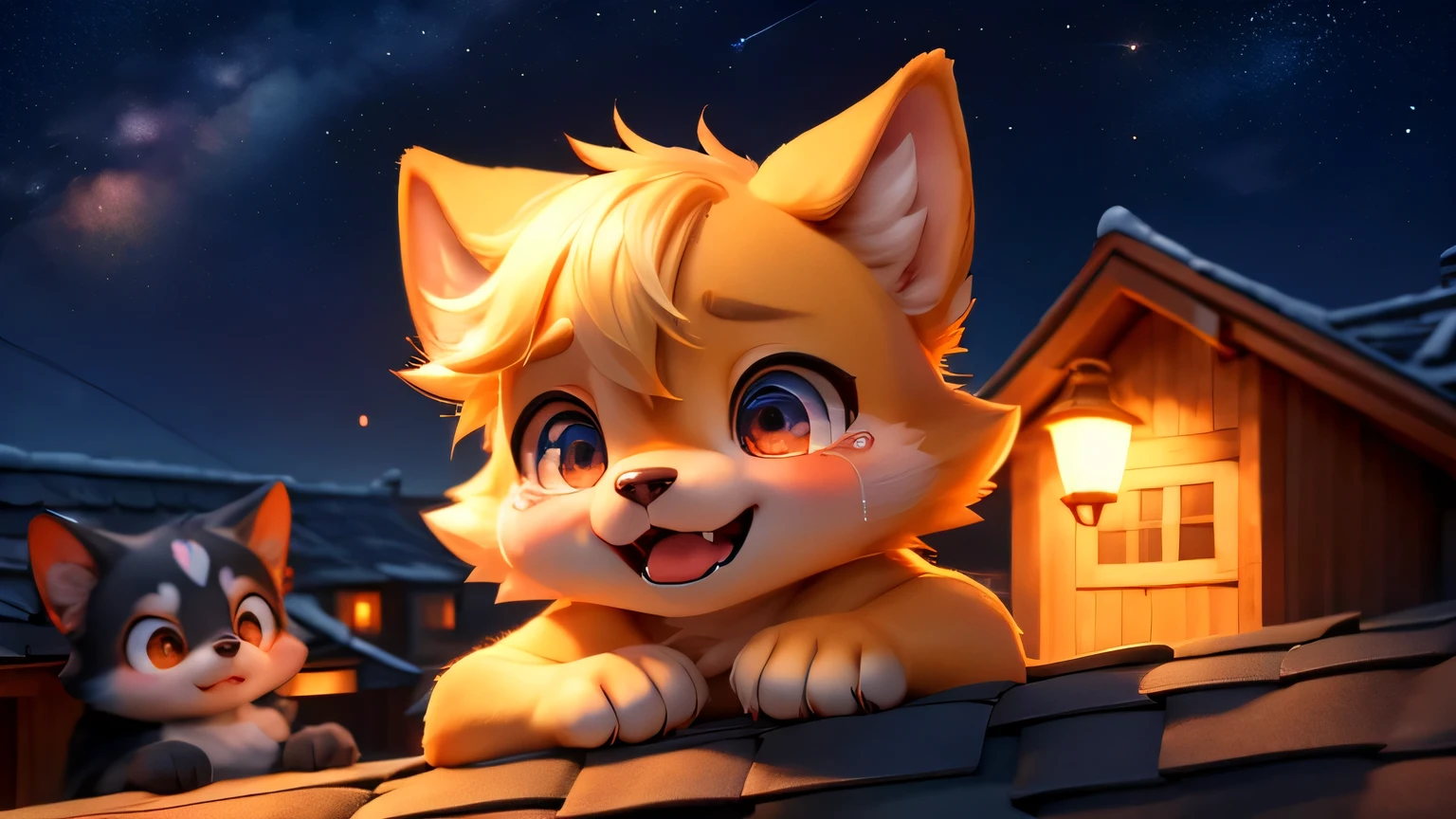 rooftop、Cry Dog's Tears、cute dog watching from behind、starry sky