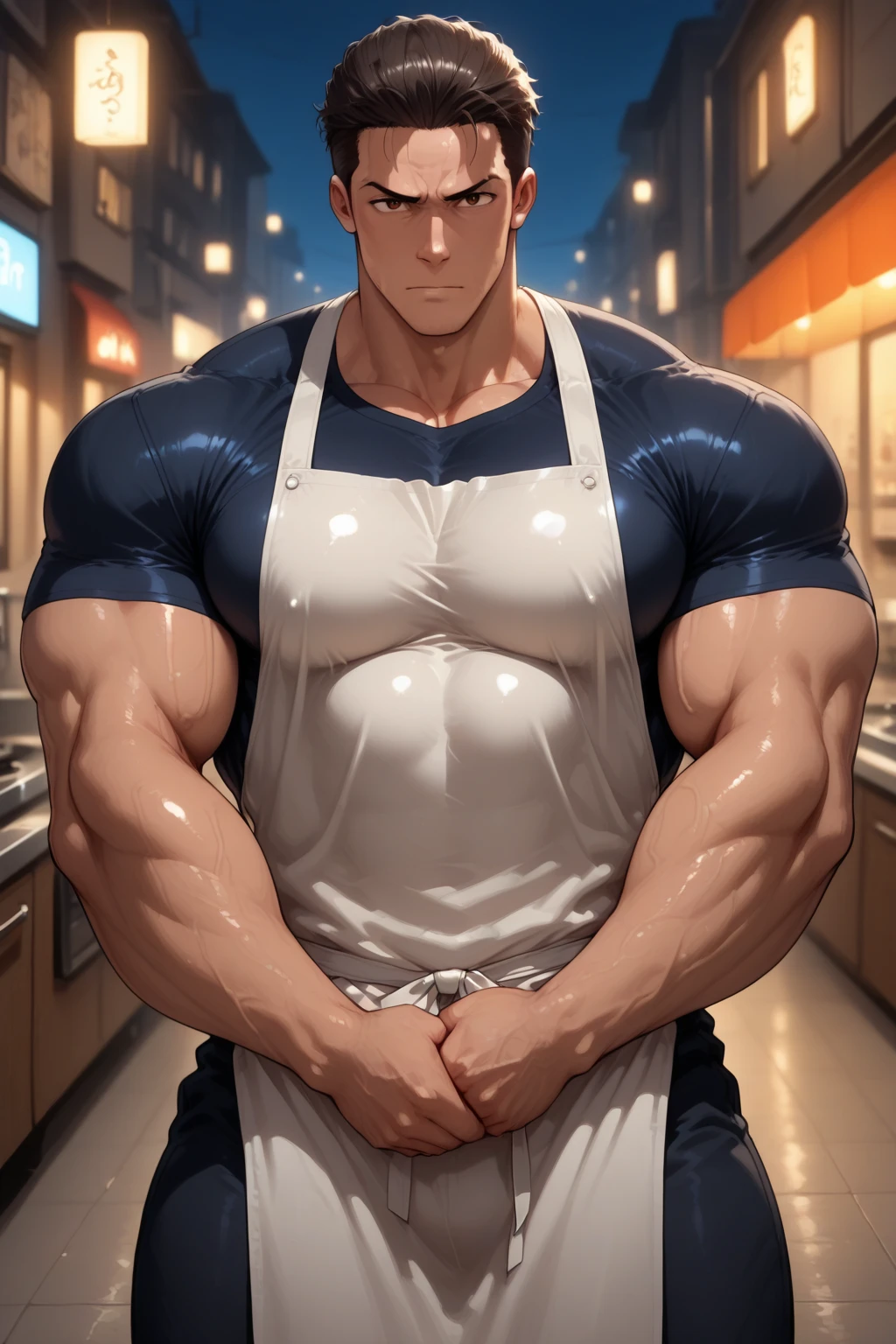 (: 1.5), (handsome Man sleep on table eating bread ),(crew cut short hair:1.8),black eye,(Wear a fitted round neck t-shirt in navy with a police badge.:1.5),(fit neck),Navy blue jeans,(black_gloves:1.2), Korean guy,chest muscles,large arm muscles,blood vessel,Big muscles,Broad shoulders, (open mouth:1.2),(face up:1.2),(close eyes:1.5), middle of the road,smile, In the bread shop, ( :1.8), ( very long: 1.6),  very Big, (Big ), ( of the : 1.6), ((very big, very long )), , hold your hand on your , () , ( in bread:1.3)