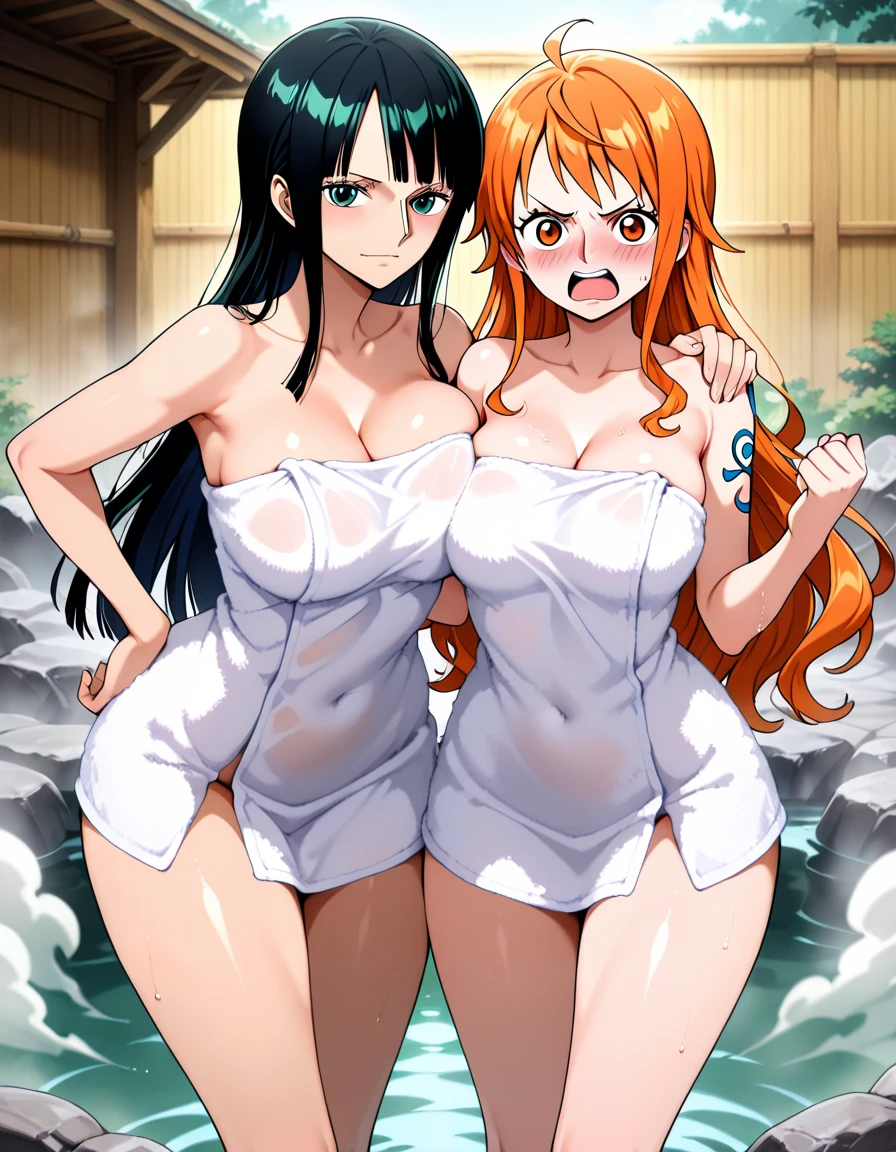 art by Eiichirio Oda, moonlit night, hotspring, dark ambient, nami wearing an off shoulder bathrobe, nami sitting beside water, nico robin desperately covering body being shy, nico robin's legs are under water, nico robin's body is wet, nami is sucking nico robin's neck