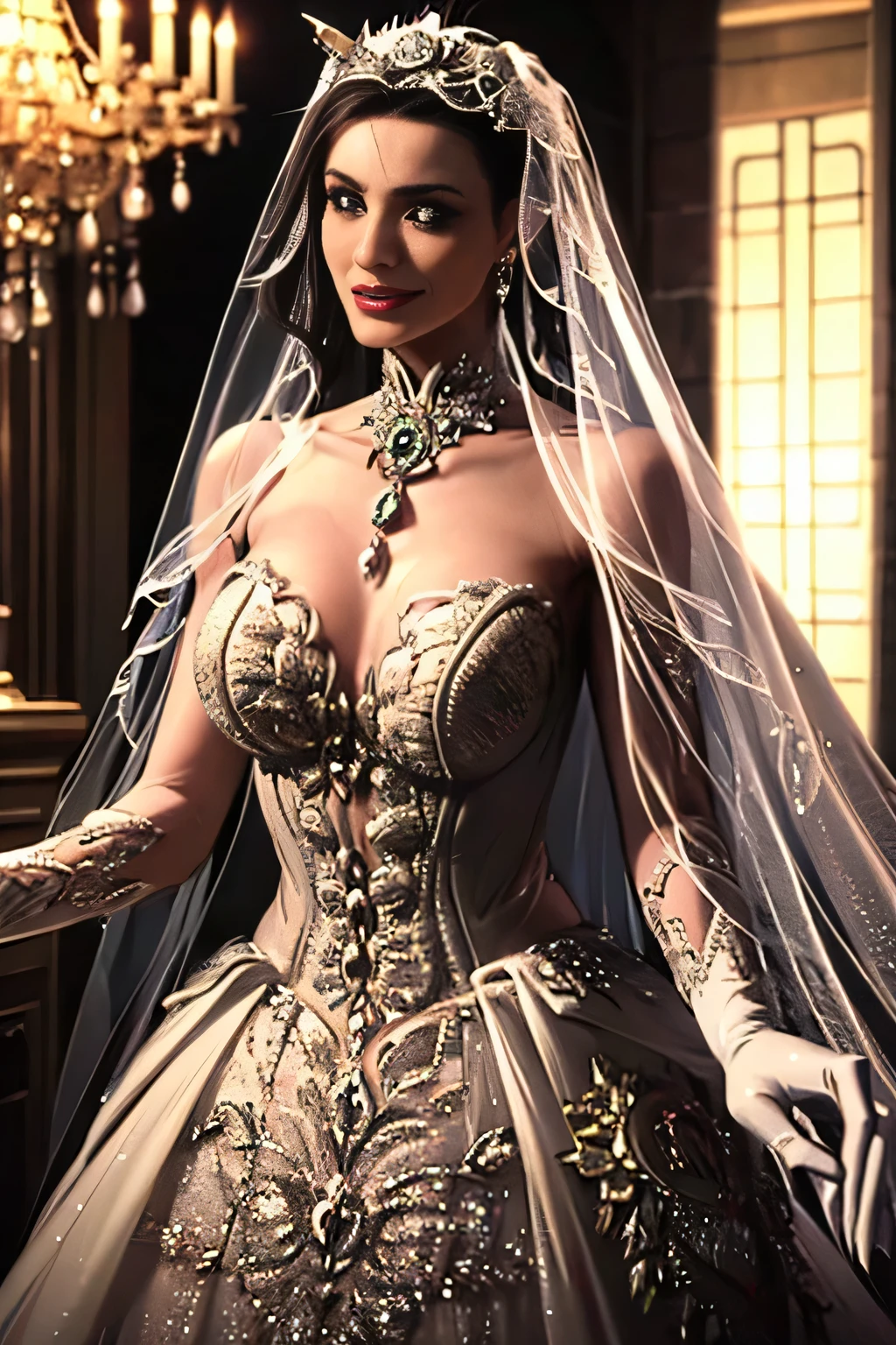 1girl, solo,Hela marvel, crown,earrings ,lipstick, eye shadow, makeup, hair between eyes, ahoge, hair ornament, gloves, dress, cleavage,  shoulders, collarbone, white oprea gloves, white gloves, white dress, strapless, white choker, tiara, veil, strapless dress, wedding dress, bridal veil, beautiful woman, perfect body, perfect , wearing a wedding dress, ball gown, in the park trees, wedding decorations, looking at the viewer,  smile, realism, masterpiece, textured skin, super detail, high detail, high quality, best quality, 1080p, black hair, see-through bridal veil, high heels, extremely poofy wedding dress filled with white poofy petticoats hidden beneath the massive skirt of her wedding dress, holding a black rose bouquet