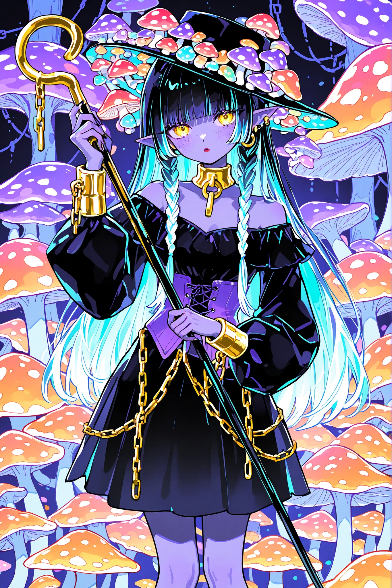 Darkest elf-woman. She has dark violet-purple skin with freckles. she has pointy ears with gold earings. She wears only gold jewelry:a gold slave collar with a chain, gold shackles on her hands with precious stones.  She has longest two-tone TURQUOISE HAIR with violet highlights,hime haircut braided in sparse braids. she has yellow-amber eyes. She has TURQUOISE lipstick. She wears an off-the-shoulder black blouse with long black puffy sleeves, a purple corset, and a knee-length black skirt. On her head she wears a black wide-brimmed flat hat with lace. She holds a black cane with an amethyst in her hands.  She holds a staff with a magic amethyst stone in her hand.  (On the background: cave, dungeon and mushroom grove. Bioluminescent flowers are growing. lots of huge colorful mushrooms as tall as a tree. The fern is in bloom.)