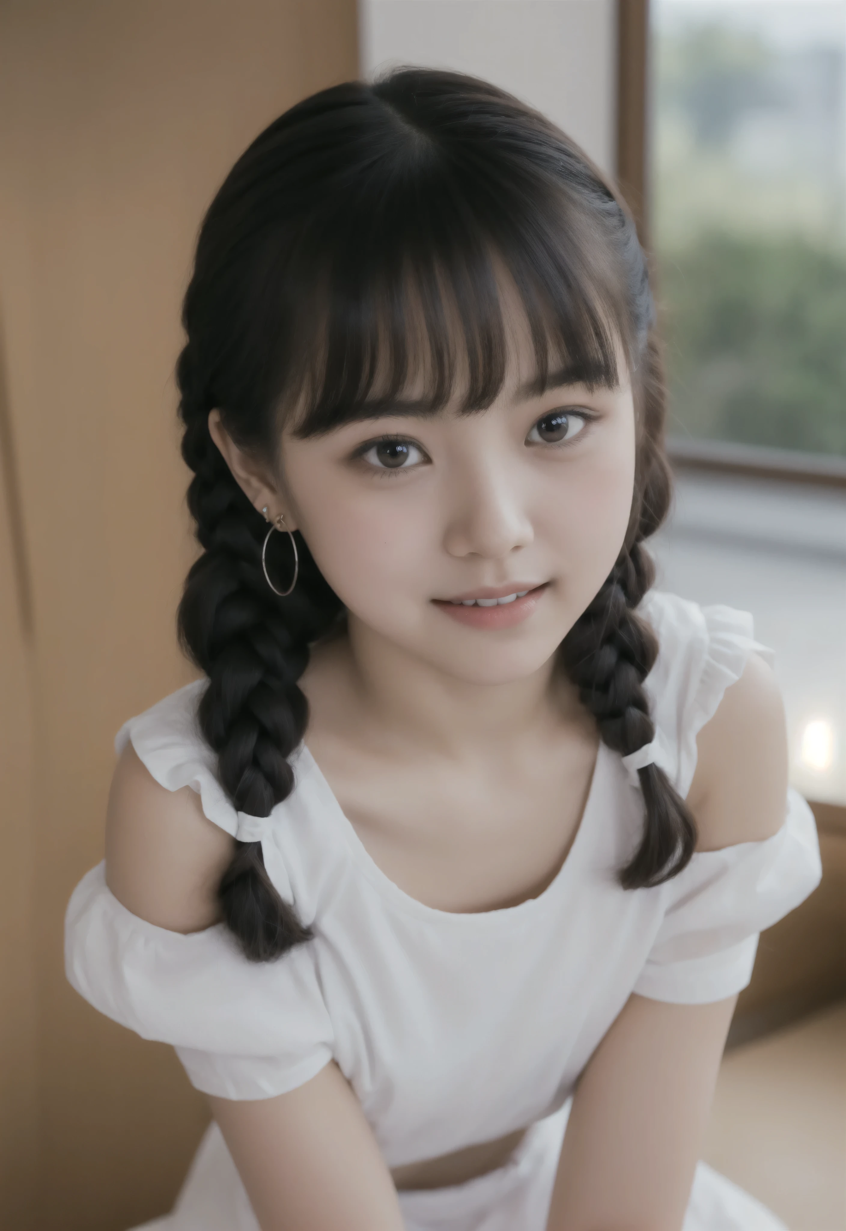 ( Expressing Maximum Joy with the Whole Body : 1.5),( Dark Red Shiny School Bow on Her Chest : 1.0),(16 year old cute japanese girl: 1.0),4K,かわいいyounger女の子,slender,short,skinny,slender body,younger,(cute earrings),(Neat Girly White Short Sleeve School Blouse: 1.0),(Big Clear Eyes like a cute doll: 1.2),(Glossy lips: 1.0),( Painted Style by Giorgione : 0.8),(puff sleeve to put on the stomach),Realistic,(Long Lower Lashes: 1.0),( Detailed Textured Face: 1.2),Laugh cutely,( Taking You to Heaven : 1.0),small breasts,Geometry,japanese,(Highest Quality, masterpiece, high resolution:1.2),( White Clear Skin : 1.0),( Laughing Doll French 8 Year Old Girl's Eyes : 0.5),(Laughing Cheeks : 1.0),( Beautiful Light Amber, Lovely, Big Clear Eyes , Cute with Attention to Details : 1.2),( Blades Under the Ears: 1.0),Narrow Shoulder
