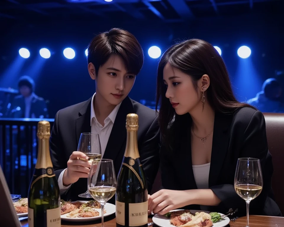 A 22-year-old boy and a 23-year-old girl hug each other happily,Another 22-year-old hid aside and watched the boys,Angry expression,Scene Indoor,Wine table,Dinner,The light and shadow are warm,modern,City,emotion