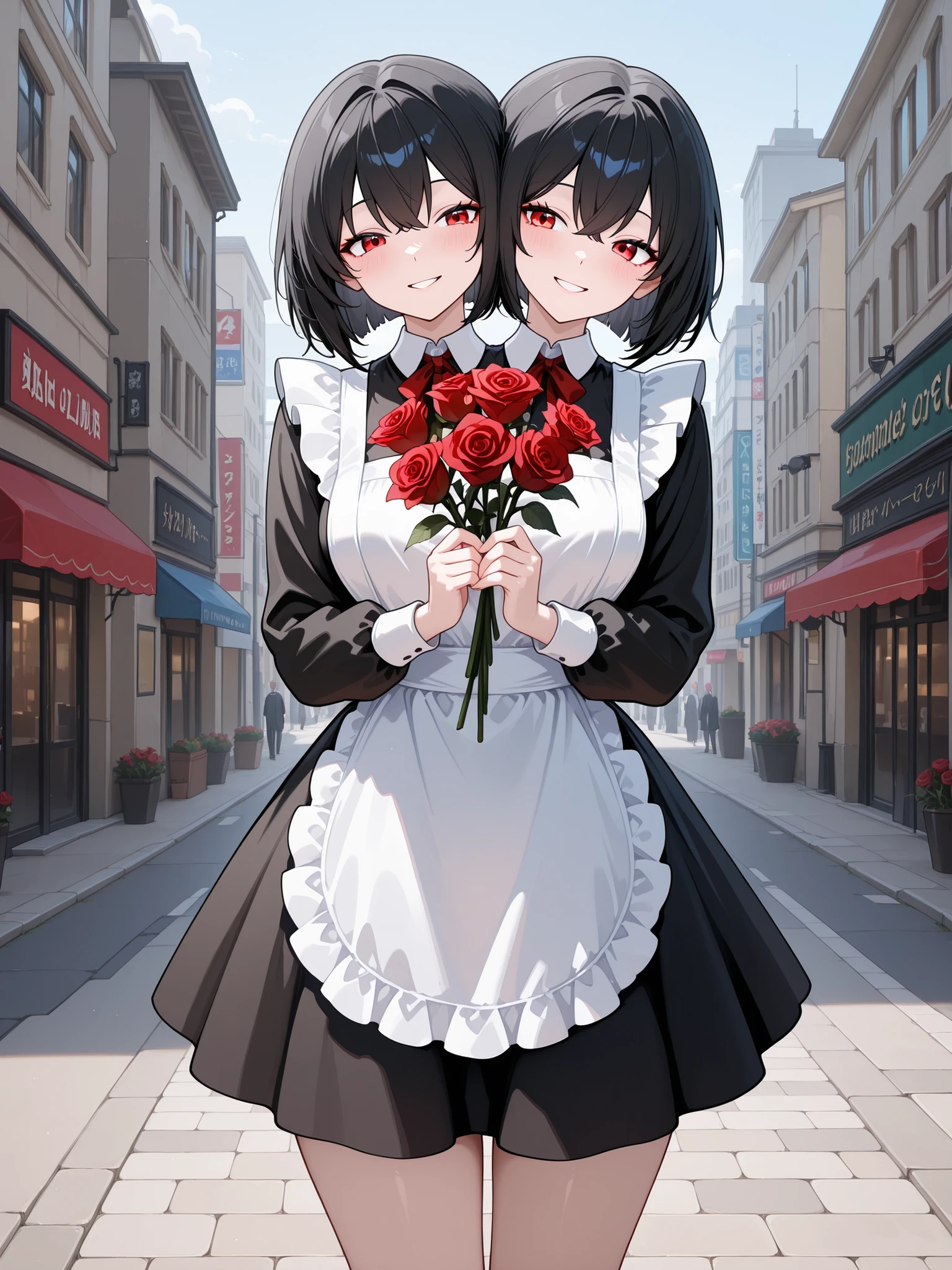 conjoined, anime girl with two heads, black hair, red eyes, white apron, smiling, selling roses in the city, day