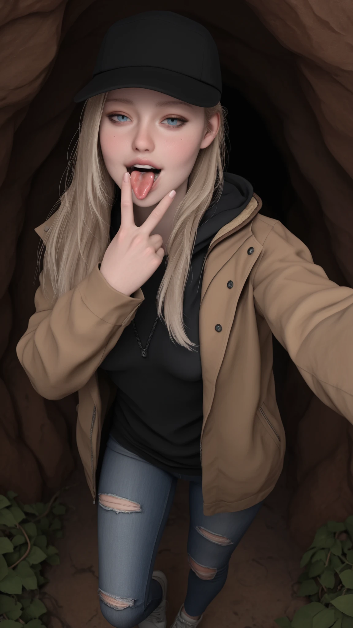 masterpiece, best quality, amazing quality, very aesthetic, absurdres, newest,   r0silf, 3d, 1girl, long hair, blonde hair, blue eyes, spiky hair, small breasts, baseball cap, jacket, hood down, jeans, ripped jeans, sneakers, adult girl, sexy pose, seductive, flirting, looking at viewer, standing, selfie view, aerial selfie shot, mouth open, tongue out, slimy saliva dripping from tongue, happy, doing cunnilingus gesture, amateur photolit selfie, dark moldy cave, vines
