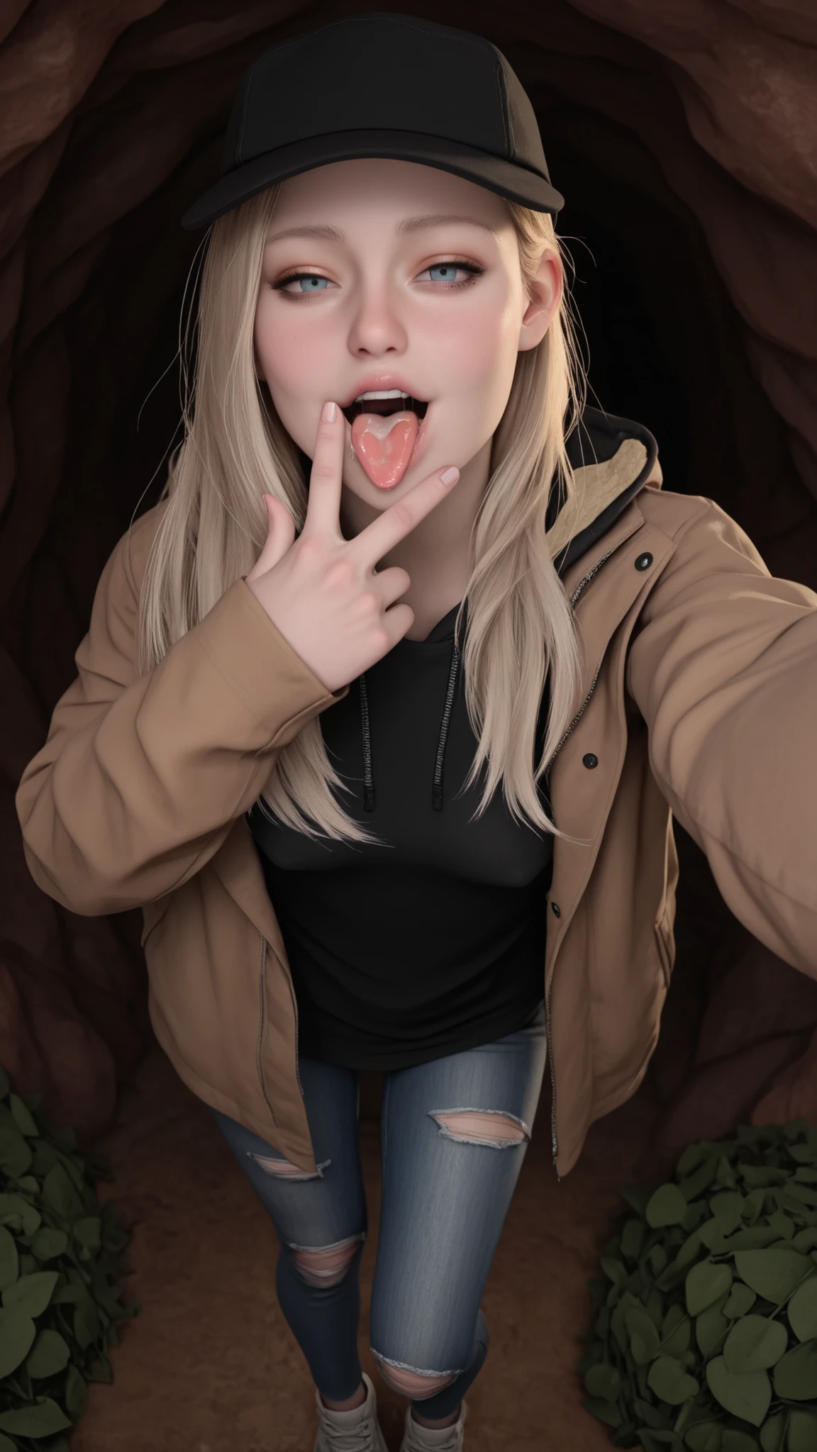 masterpiece, best quality, amazing quality, very aesthetic, absurdres, newest,   r0silf, 3d, 1girl, long hair, blonde hair, blue eyes, spiky hair, small breasts, baseball cap, jacket, hood down, jeans, ripped jeans, sneakers, adult girl, sexy pose, seductive, flirting, looking at viewer, standing, selfie view, aerial selfie shot, mouth open, tongue out, slimy saliva dripping from tongue, happy, doing cunnilingus gesture, amateur photolit selfie, dark moldy cave, vines
