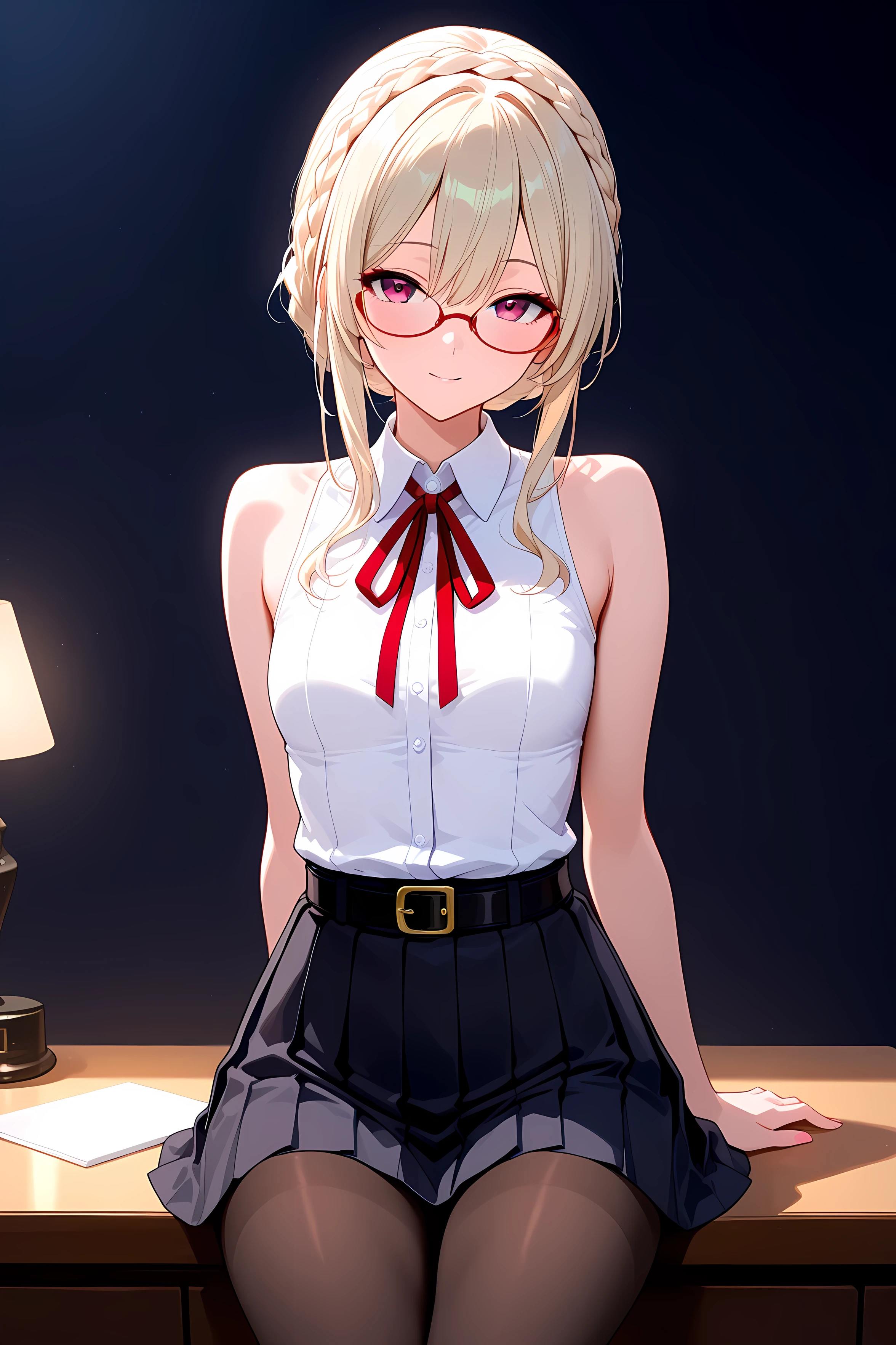 She is beautiful、is an obscene mature woman.
黒いeye, long upward eyeliner.
crown braid platinum blonde hair, eye, Red-rimmed Glasses.
white collared shirt, sleeveless, red ribbon, Black Pleated Skirt, black belt, black tights for hypnosis.
small breasts.
and sensual, charming.
Dusky bedroom with black walls, Light Stand.
Highest Quality, masterpiece.