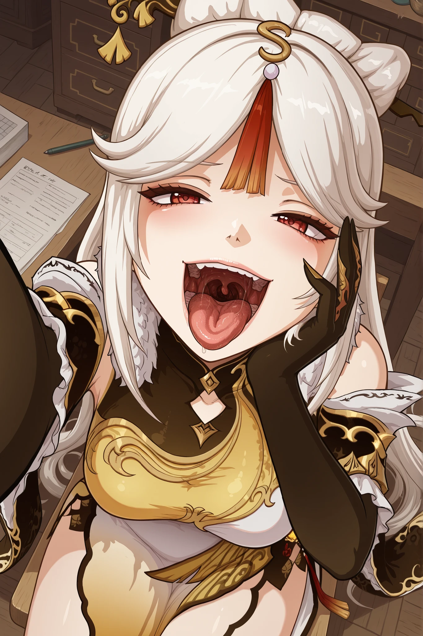 ningguang, ningguang (genshin impact), grey hair, hair ornament, hairpin, long hair, parted bangs, red eyes, sidelocks, streaked hair, red hair, mature female, breasts, bare shoulders, black gloves, chinese clothes, claw ring, detached sleeves, dress, elbow gloves, frilled sleeves, frills, fur collar, gloves, jewelry, pelvic curtain, sleeveless, sleeveless dress, white dress,, karbostyle, from above, reaching out, holding viewer, open mouth, eager, drooling, hungry, 1girl, solo, lips, open mouth, uvula, tongue, saliva, teeth,, tongue out,, masterpiece, best quality, ultra detailed, mouth focus, Genshin Impact style, indoors, office, smile, smug, half-lidded eyes, desk, sitting, hand on own cheek