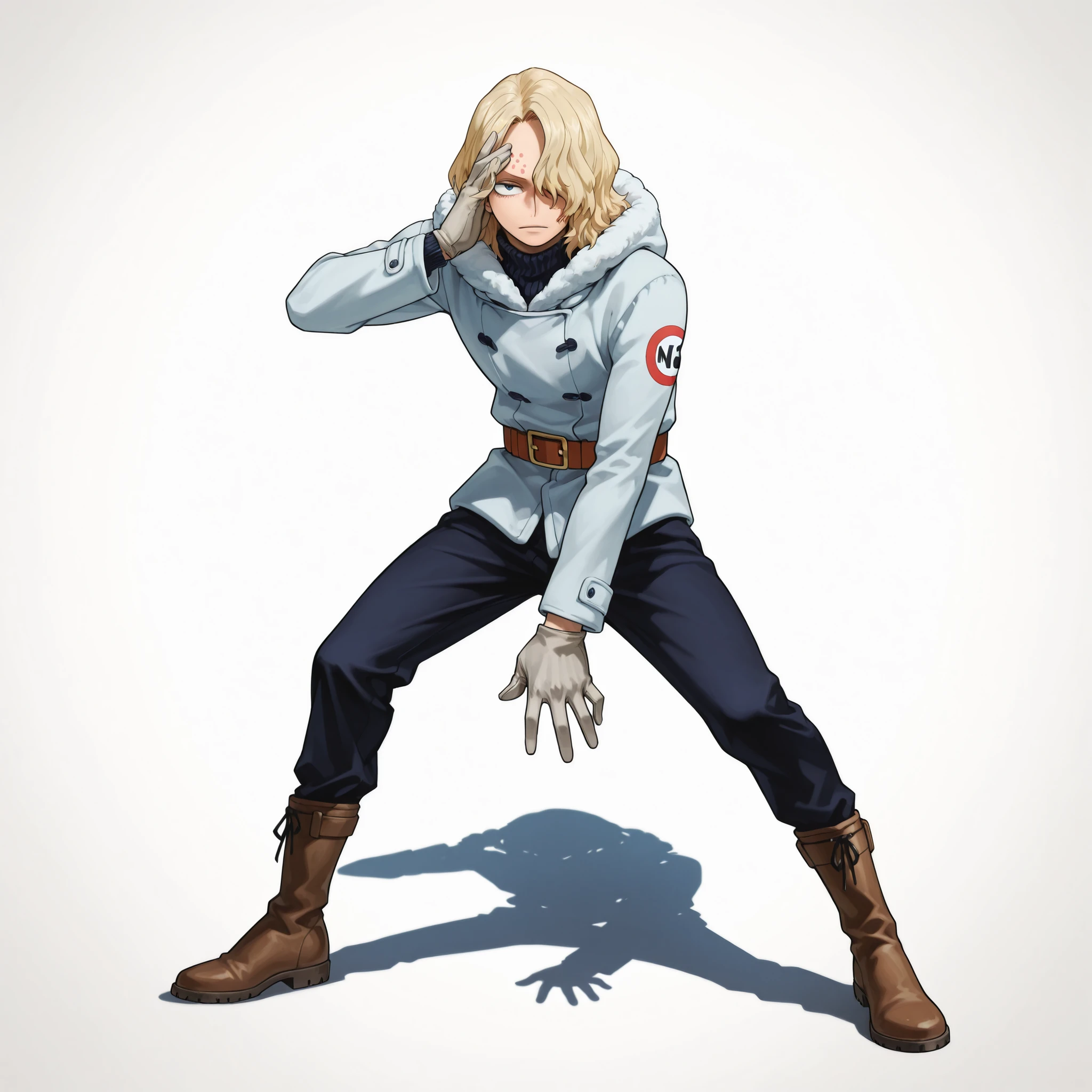(male), (adult man), (slim body), (light blonde hair), (medium length hair covering one eye), (visible eye light blue), (calm expression), (fair skin), (no smoking), (solo), (single character), (full body version), (white background), (no background), (highly detailed), (shadow), (standing pose), (natural light), (detailed outfit), (detailed hand), (detailed face), (detailed hair)
Wearing a stylish light gray winter coat with black turtleneck sweater, dark blue slim pants, gray gloves, and brown leather boots. (Boku no Hero academia style art), (his face is like sabo one piece)