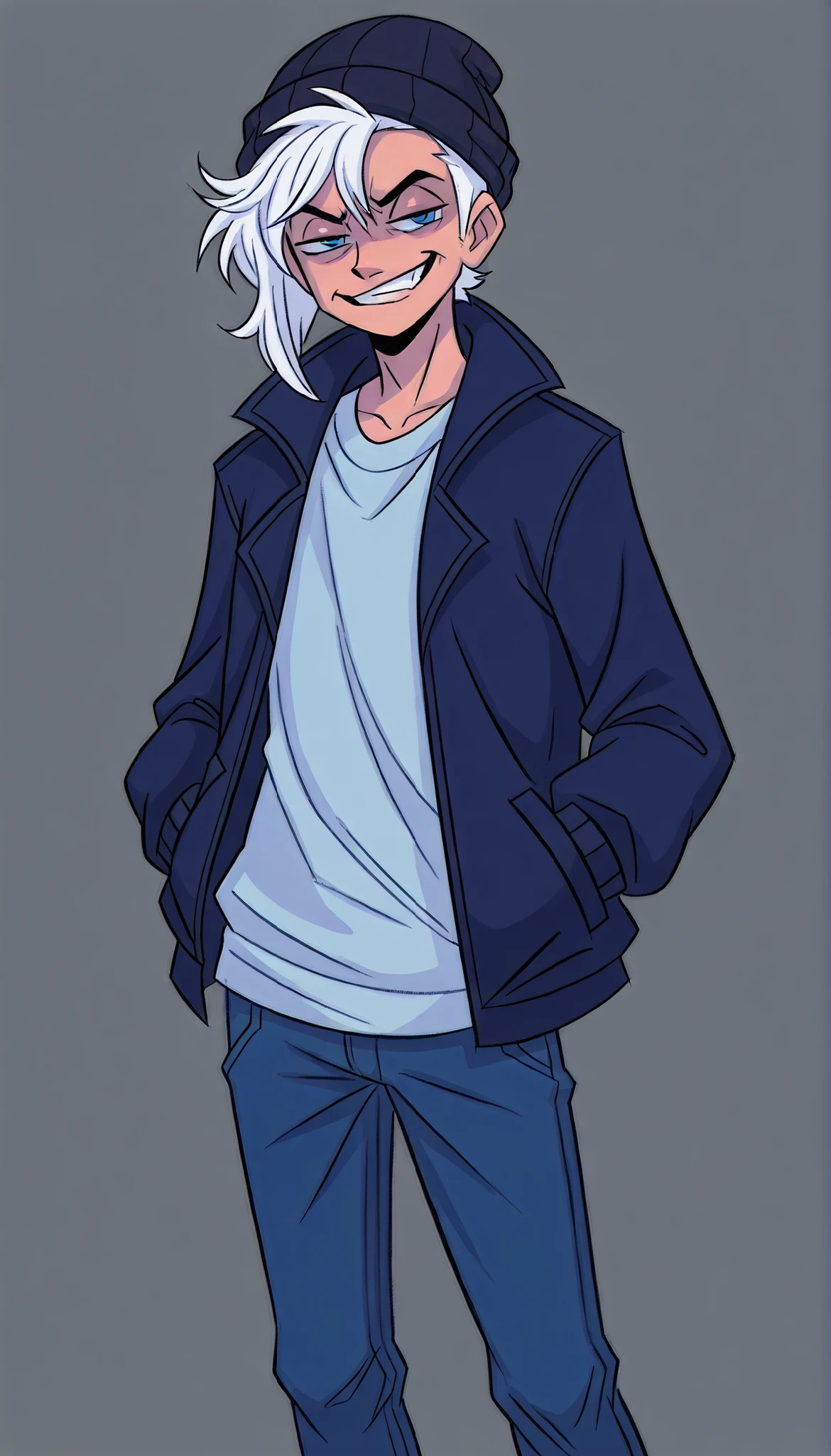 1boy, male focus, 5'11 ft tall, solo, adult, human male, handsome, short white hair, blue eyes, jacket, beanie, asymmetrical hair fade, jeans, (angrily bored, unimpressed, sarcastic grin), vivziepop, boondocks style