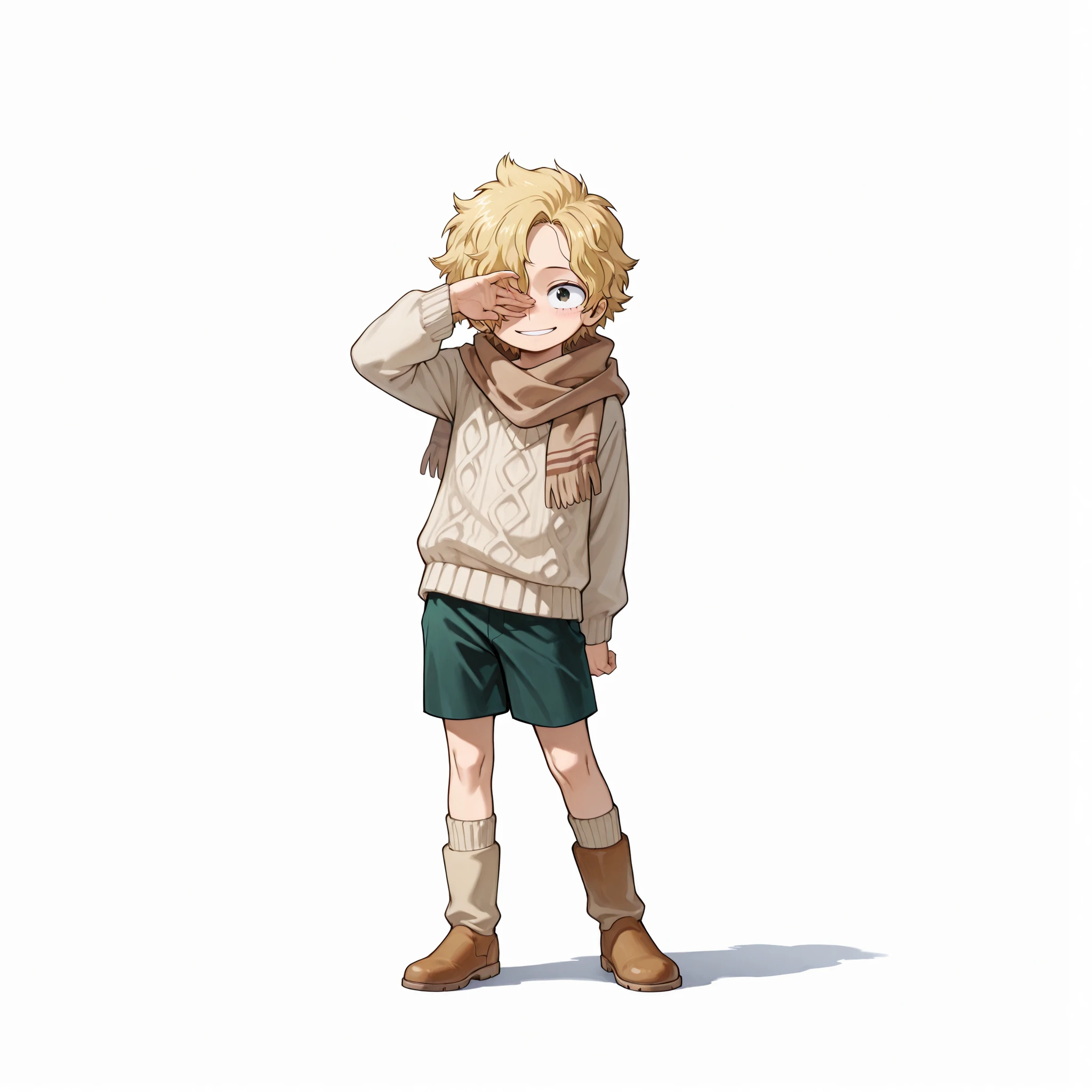 (male), (child boy), (slim body), (light blonde hair), (short messy hair covering one eye), (visible eye light blue), (cheerful expression), (fair skin), (solo), (single character), (full body version), (white background), (no background), (highly detailed), (shadow), (standing pose), (natural light), (detailed outfit), (detailed hand), (detailed face), (detailed hair)
Wearing a cozy beige winter sweater with light brown scarf, dark green shorts, warm wool socks, and brown winter boots. (Boku no Hero academia style art), (his face is like sabo one piece)
