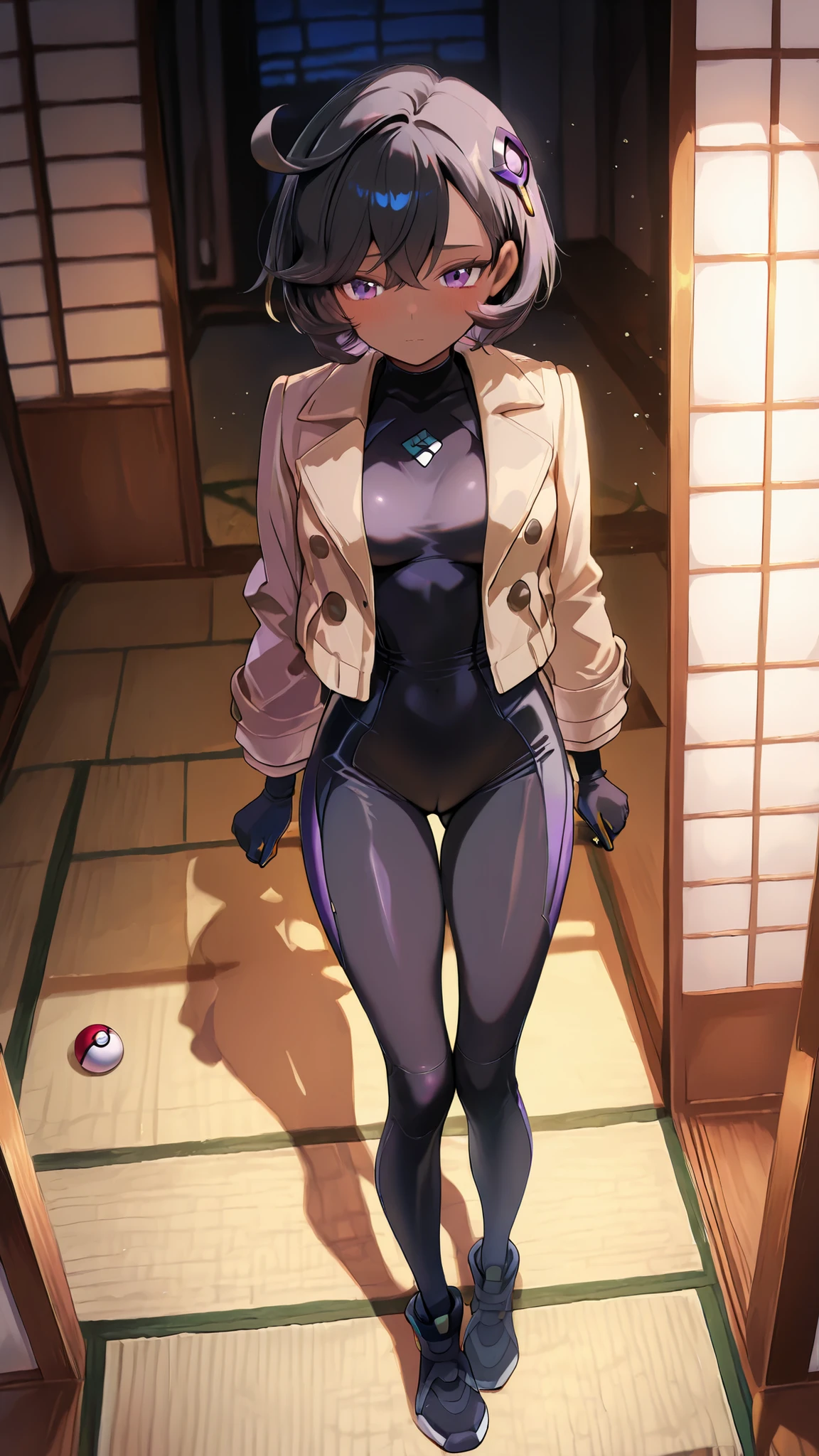 score 9, score 8 up, score 7 up, ultra-detailed, best quality, masterpiece, ultra detailed, ultra high res, absurdres, high-resolution, highest quality, very aesthetic, source anime, (detailed face), depth of field, petite, emmapokeza, (dark-skinned female), black hair, purple eyes, hair ornament, (black bodysuit), black shoes, open brown jacket, pokeball, in a warm anime-style Japanese bedroom (tatami, shoji), soft blush, warm lighting, emotionally soft, ponyscores, medium full breasts, skinny, full body, innocent, shy, warm lighting, ((thigh gap)), (cameltoe), standing facing viewer, eye level,