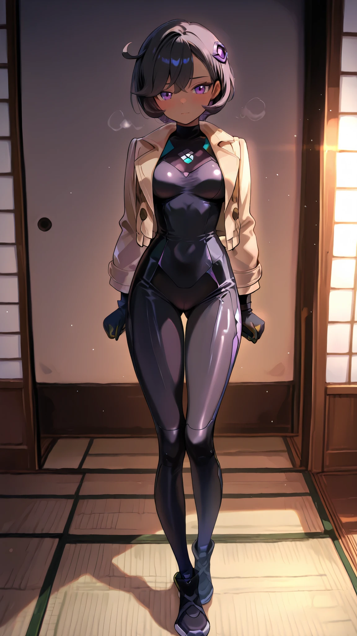 score 9, score 8 up, score 7 up, ultra-detailed, best quality, masterpiece, ultra detailed, ultra high res, absurdres, high-resolution, highest quality, very aesthetic, source anime, (detailed face), depth of field, petite, emmapokeza, (dark-skinned female), black hair, purple eyes, hair ornament, (black bodysuit), black shoes, open brown jacket, pokeball, in a warm anime-style Japanese bedroom (tatami, shoji), soft blush, warm lighting, emotionally soft, ponyscores, medium full breasts, skinny, full body, innocent, shy, warm lighting, ((thigh gap)), (cameltoe), standing facing viewer, eye level,