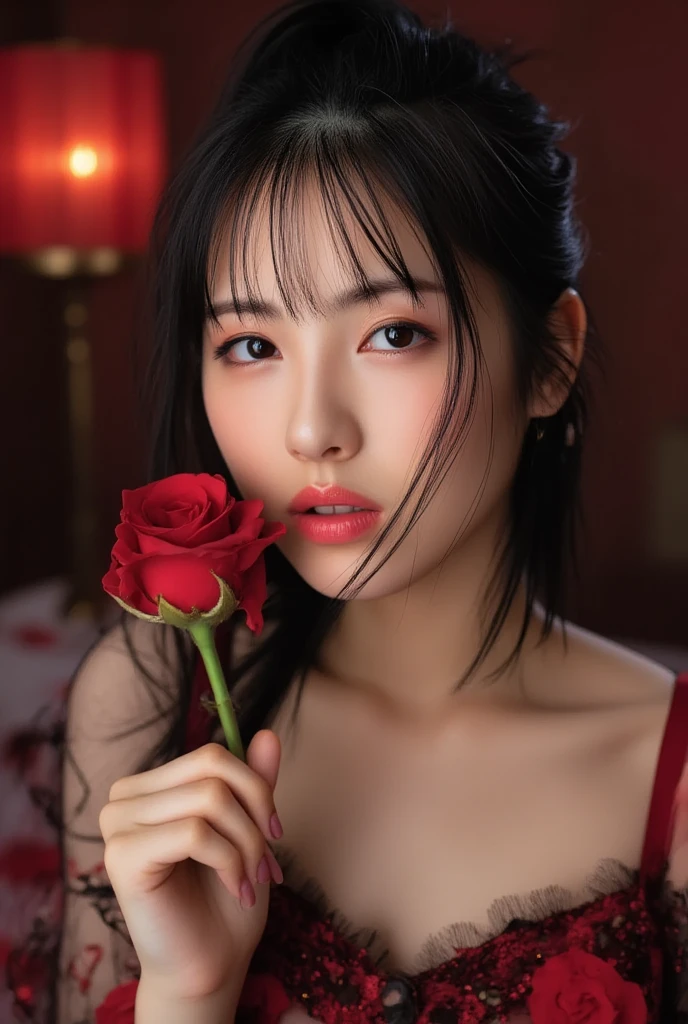 best quality, masterpiece,
 japanese idol girl, looking at viewer, long hair, Headshots, hold a rose with one hand, enlargement, very beautiful detailed face, medium chest, (Cute face, looks tempting), eye level,
professional photos, high contrast exposure, soft bokeh, high key light, solid shadow, Photo realism