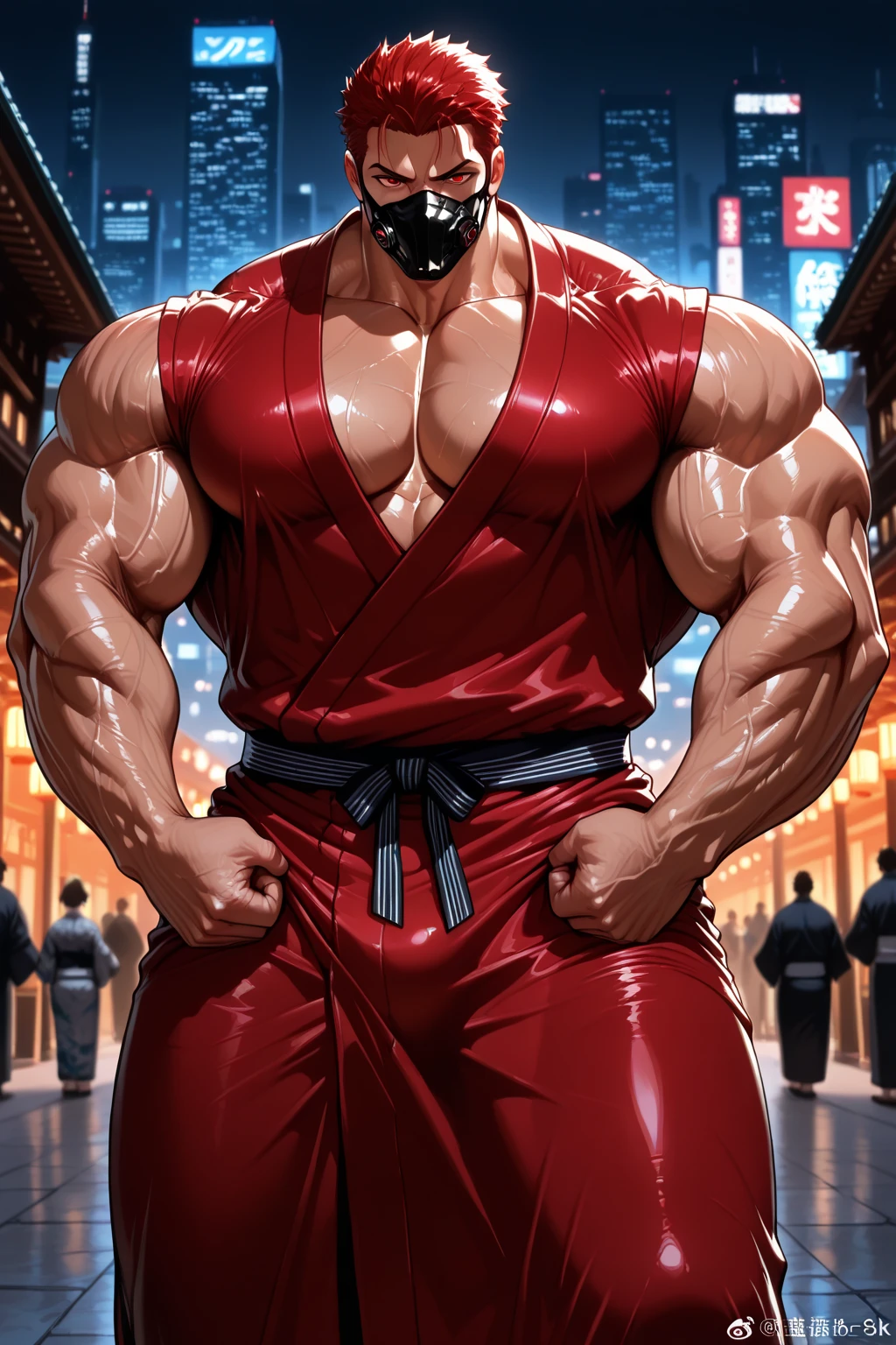  mature daddy, tanned-skin, big bulge, darker skin, stubble, muscular, best quality, masterpiece, super high resolution, detailed background, realism, illustrations, single, 1 boy, torii, muscle, volumetric lighting, depth of field, facial hair, ryu, white clothes, black belt, light particles, massive bulge, starry sky, martial artist, sweating, short hair, perfect eyes,  feet, 