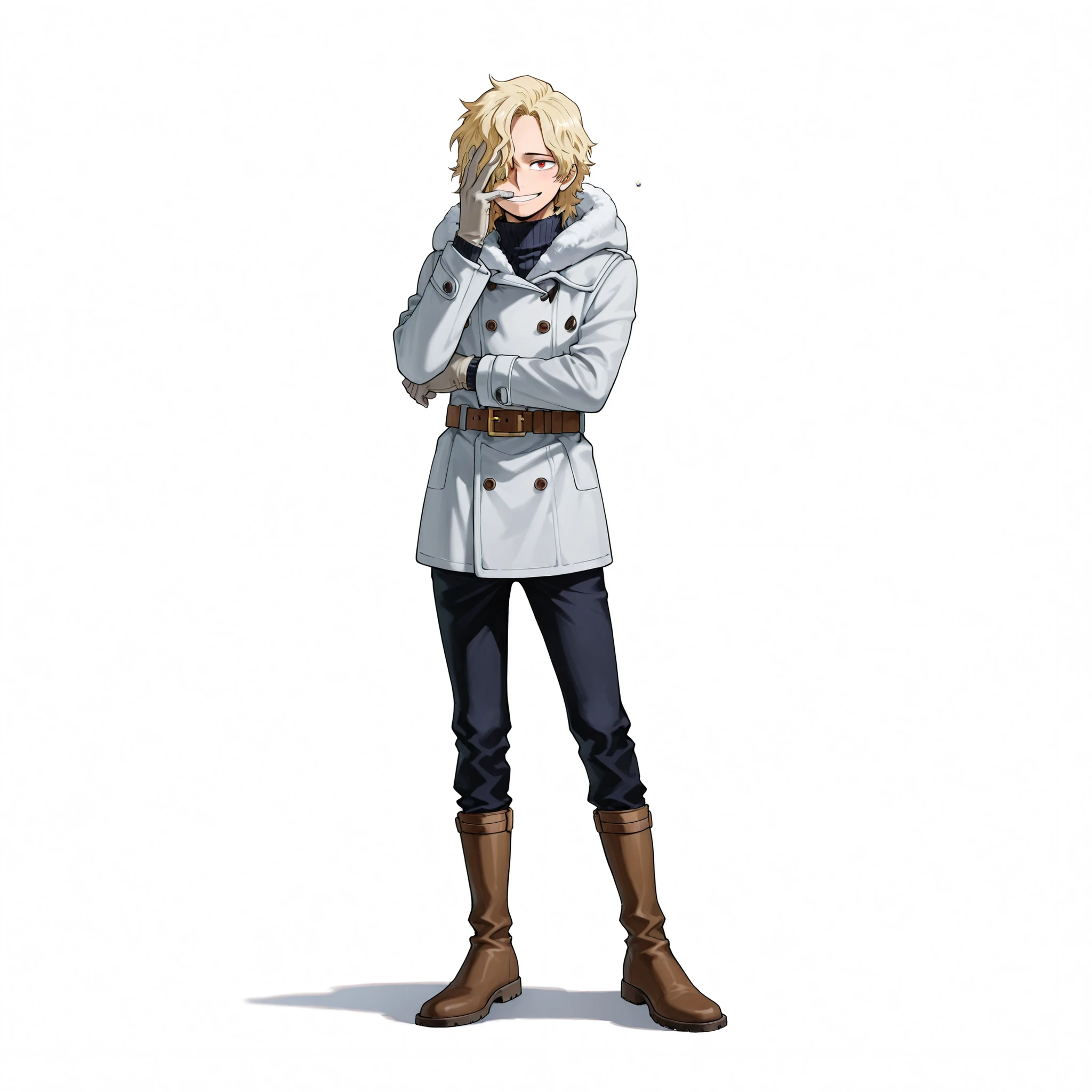 (male), (man), (slim body), (light blonde hair), (medium length hair covering one eye), (red eyes), (happy face), (solo), (single character), (full body version), (white background), (no background), (highly detailed), (shadow), (standing pose), (natural light), (detailed outfit), (detailed hand), (detailed face), (detailed hair)
Wearing a stylish light gray winter coat with black turtleneck sweater, leather belt, dark blue slim pants, gray gloves, and brown leather boots. (Boku no Hero academia style art), (his face is like sabo one piece)