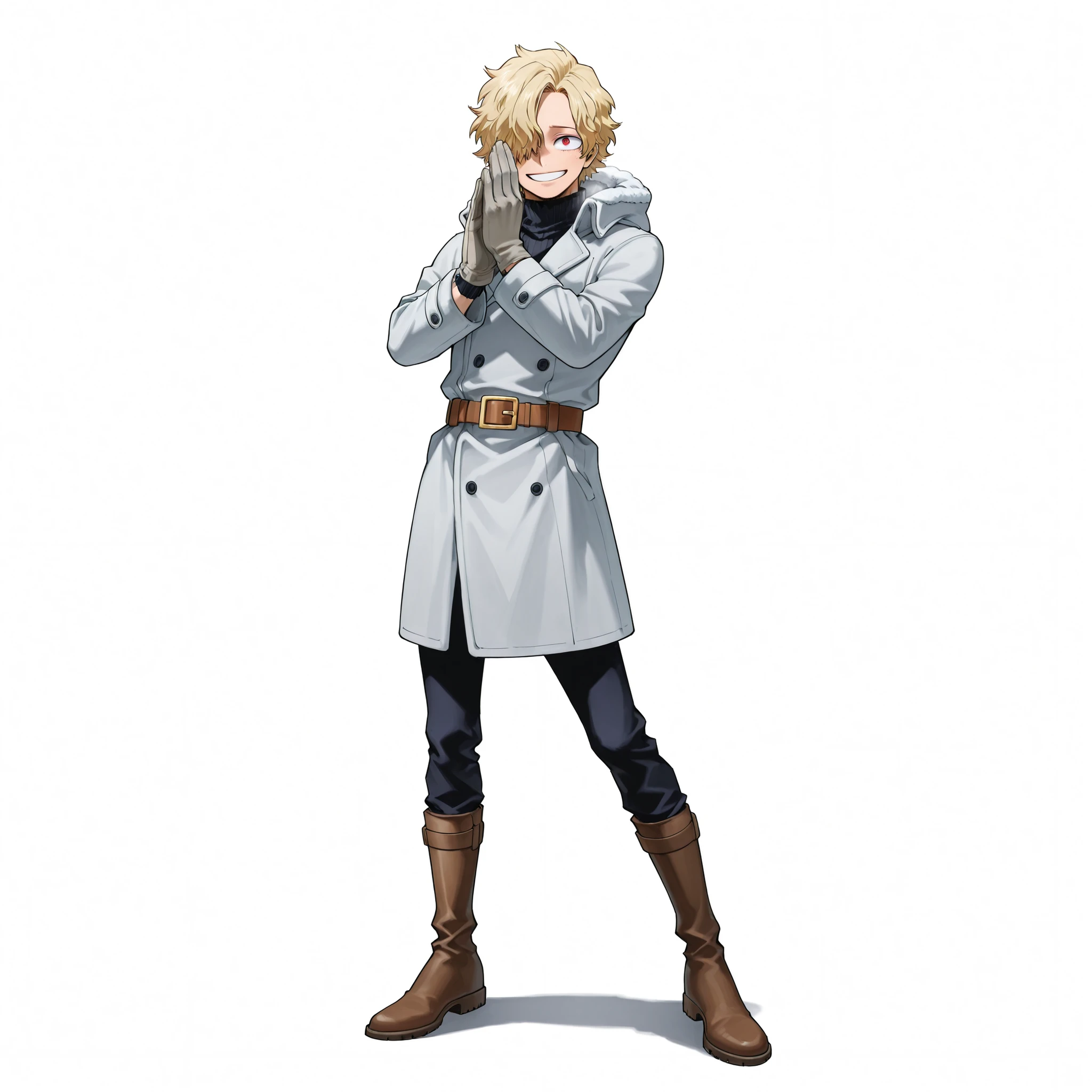 (male), (man), (slim body), (light blonde hair), (hair covering one eye), (red eyes), (happy face), (solo), (single character), (full body version), (white background), (no background), (highly detailed), (shadow), (standing pose), (natural light), (detailed outfit), (detailed hand), (detailed face), (detailed hair)
Wearing a stylish light gray winter coat with black turtleneck sweater, leather belt, dark blue slim pants, gray gloves, and brown leather boots. (Boku no Hero academia style art), (his face is like sabo one piece)