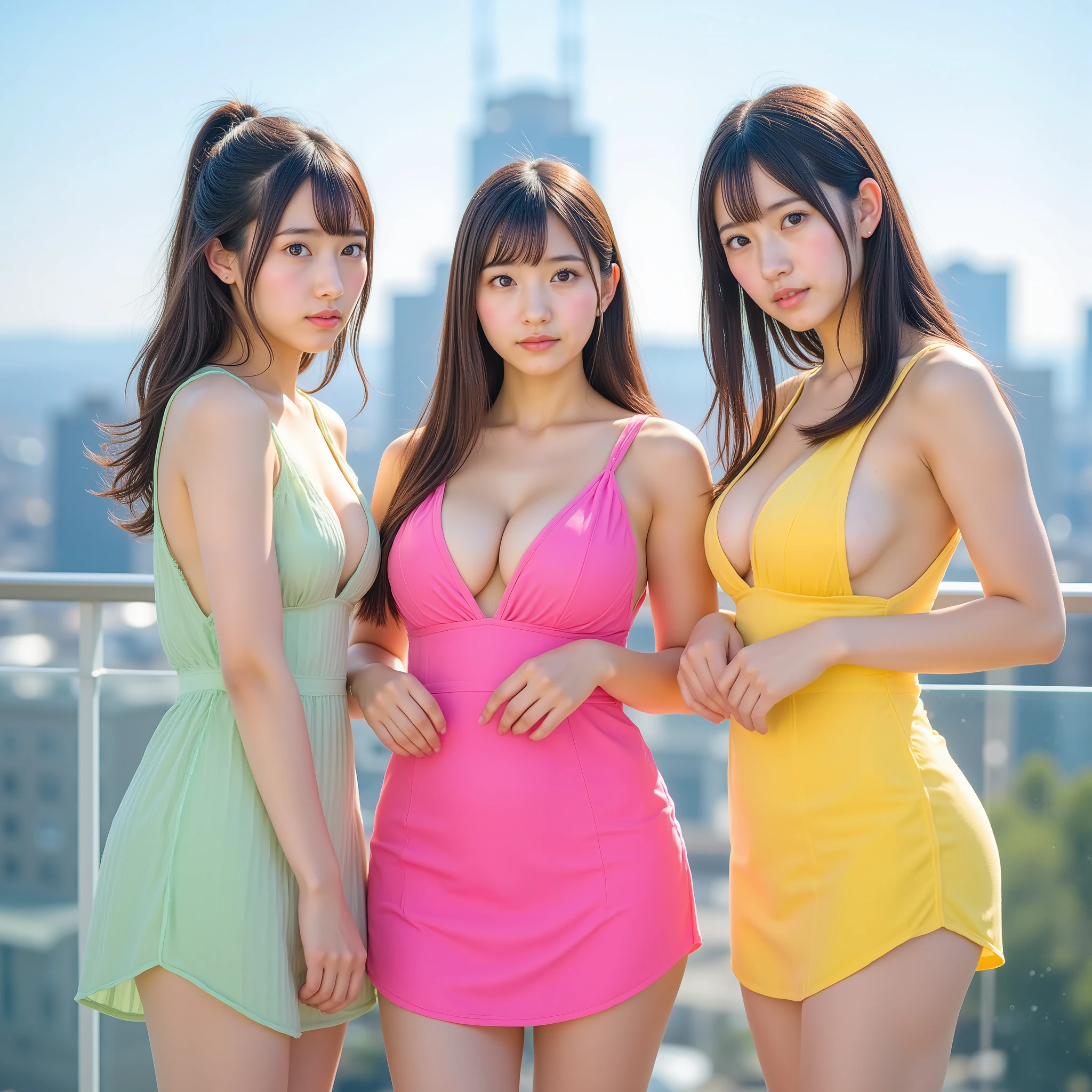 (Highest Quality, greatest masterpiece), Ultra High Definition, super realistic full body shot portrait photo, (realistic rooftop party photo of 3 beautiful Japanese top idol women:1.10), 3 beautiful women wearing party dresses on the rooftop, mini dress with open chest, wide angle shot, super clear focus, City rooftop daytime background, dynamic angle, random hairstyle such as brown ponytail, super detailed, Wear an apron over sweaty full body , random color mini dress in neon color, Tight Dress, slim slender body, look at the viewers,