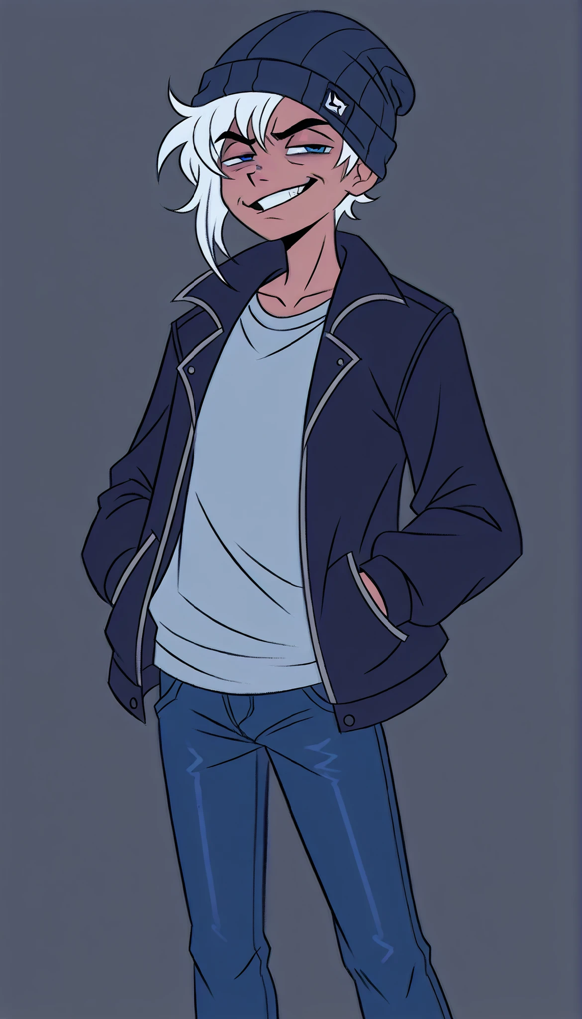 1boy, male focus, 5'11 ft tall, solo, adult, human male, handsome, short white hair, blue eyes, jacket, beanie, asymmetrical hair fade, jeans, (angrily bored, unimpressed, sarcastic grin), vivziepop, boondocks style