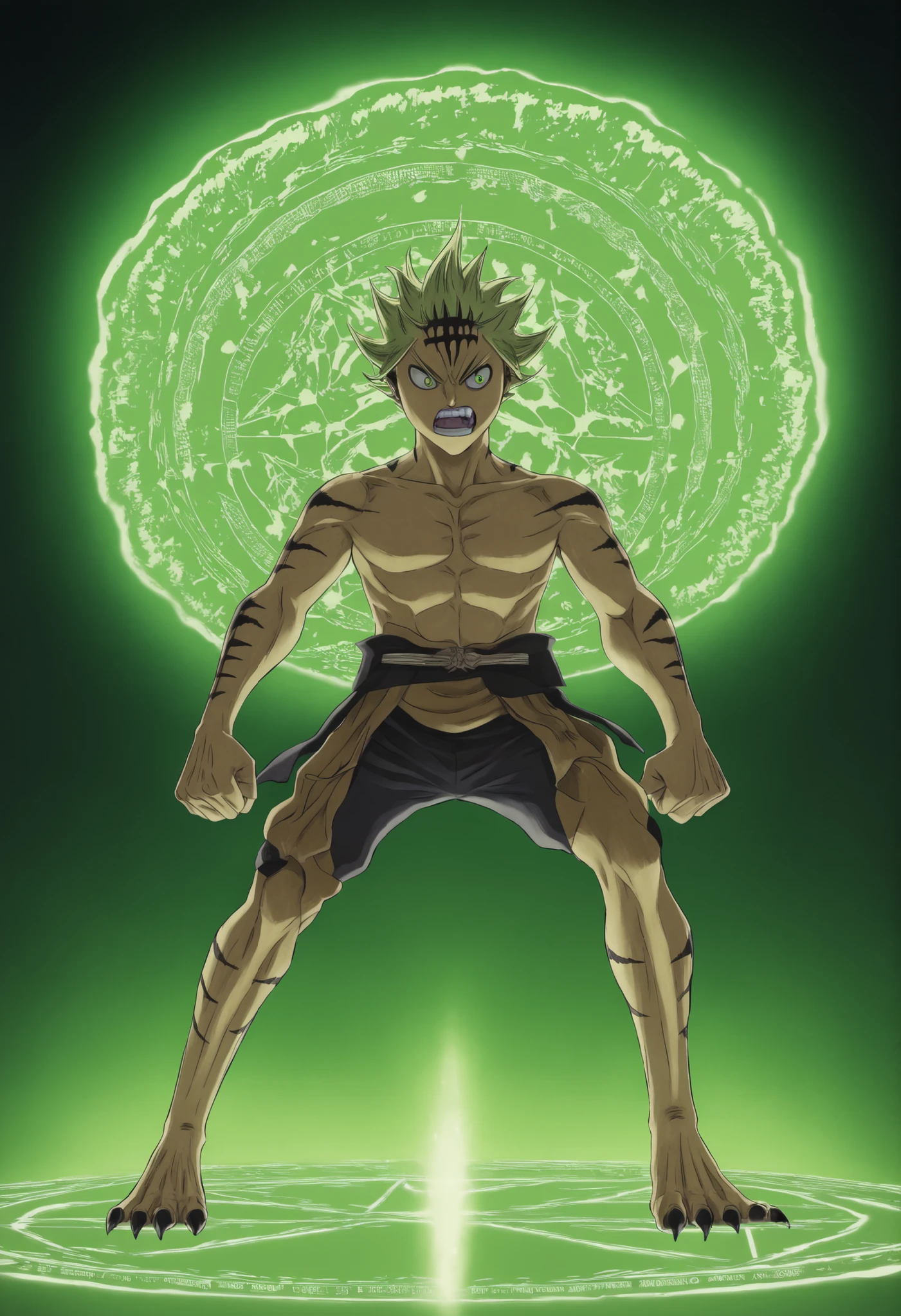 Estilo: Estilo Black Clover, Yuki Tabata art style, visual principal do anime Black Clover, manga panel style, dynamic shonen art. · Traces: linhas limpas, sharp angles, olhos detalhados, rostos expressivos, Intense Shading, speed lines, motion blur. · Atmosphere: epic fantasy , alta energia, Dramatic lighting, magical glow, impactante, poderoso, determinado. · Elements of Magic: floating grimoire, Magic Circle, energia espiralada (green DNA threads coming out of the open book) · Composition: dynamic pose, Low-angle Plane, retrato em close-up, full body shot, plano de grupo, Action sequence. Palavras-chave: muscular alien feline, anthropomorphic tiger warrior, orange and black stripes (a claw on each fist), energia selvagem, postura de batalha, heroic alien creature, anatomia poderosa, sharp claws one in each fist, bright green eyes, alien form of Ben 10..