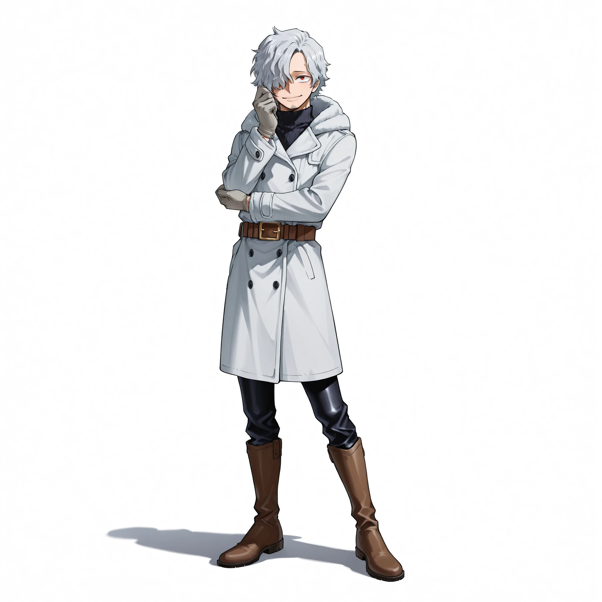 (male), (man, goatee), (slim body), (light grey hair), (hair covering one eye), (red eyes), (happy face), (solo), (single character), (full body version), (white background), (no background), (highly detailed), (shadow), (standing pose), (natural light), (detailed outfit), (detailed hand), (detailed face), (detailed hair)
Wearing a stylish light gray winter coat with black turtleneck sweater, leather belt, dark blue slim pants, gray gloves, and brown leather boots. (Boku no Hero academia style art), (his face is like sabo one piece)