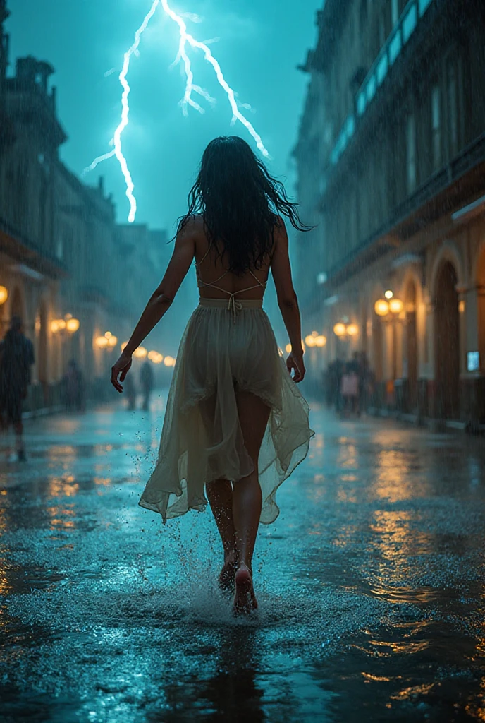 1 girl "Gal Gadot com vestido Verde longo", flutuando na cidade with lightning bolts, Mulher no vestido Verde longo com cabelo vermelho e preto, gothic maiden, Art not Guweiz style, No estilo de arte Bowater, 8k arte detalhada de alta qualidade, gothic art style, wearing a gothic dress, fechamento, Olhos vermelhos, olhando para baixo, cabelos brancos, vento, head tilt, cabelos brancos, Cabelos Longos, Tira vigorosa, cabelos lisos, cabelo grande, cabelos expressivos, (Olhos vermelhos que brilham intensamente:1.8), olhos para baixo, (Olhos vermelhos:1.5), Pessoas fugindo das ruas movimentadas da cidade repleta de lojas々, rua movimentada, A huge amount of purple lightning shot out from the girl'the hand and hit the city, lightning clouds, Atmospheric lightning, Pink Lightning, with thunderstorms, Tempestade escura with lightning bolts, Dramatic purple lightning, Lightning in the sky, contrast lightning, thunderstorm in the sky, lightning in the background, with lightning bolts, clima tempestuoso with lightning bolts, Top volumetric lighting,Efeito de usar aura roxa,(Control a large number of beams with open arms:1.4), Lightning effect on both hands, Countless ????? glowing purple around the girl,goddess of lightning, tempestade, storm outside, Ela atrai muitos raios roxos,