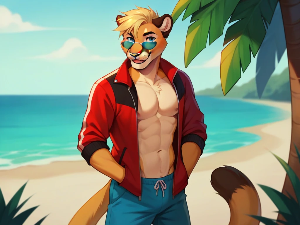 (Maximum fineness,Dynamic HDR,8K) ,,outdoor,Happy,cute,teenager,Growlithe Pokemon,(lower camera angle, dramatic pose, looking down at viewer), (masterpiece,high quality), solo,furry,mature male,male focus, (by waspsalad:1.1), by photonoko, by sallyhot, by skygracer:0.4, solo, (anthro,mature male boy Growlithe Pokemon,(chibi:0.3), ((beige fur)), amber eyes), tropical island, cuberpunk mythology, (red collar with pup tag), (red goggles on head), (wearing red speedo, ), male pubic hair