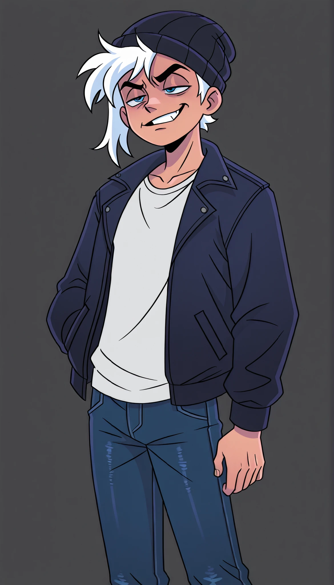 1boy, male focus, 5'11 ft tall, solo, adult, human male, handsome, short white hair, blue eyes, jacket, beanie, asymmetrical hair fade, jeans, (angrily bored, unimpressed, sarcastic grin), vivziepop, boondocks style