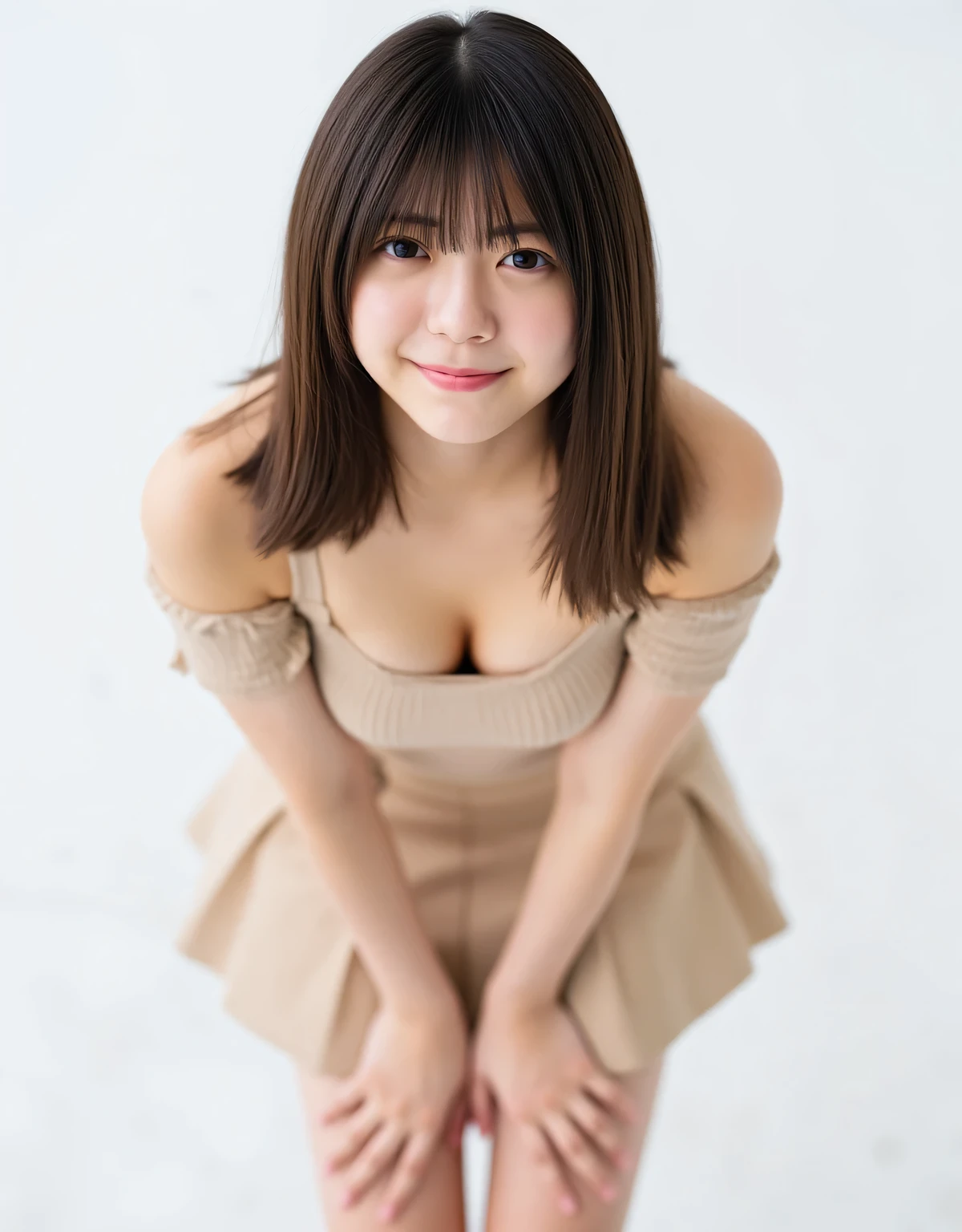 Raw photo, real, ((looking directly at the viewer)), ((focus on face)), ((close-up)), front view, Japanese woman, shy smile, ((dark brown medium-long hair, straight hair)), ((wearing an off-the-shoulder outfit and a flared miniskirt)), unedited, live-action, authentic, cute young girl, beautifully defined eyes, ((natural makeup)), beautifully detailed lips, very delicate eyes and face, long eyelashes, simple white background, natural light, ((looking directly at the camera: 1.5)), standing, leaning forward, slim waist, pushed-up breasts, cleavage, closed-legged