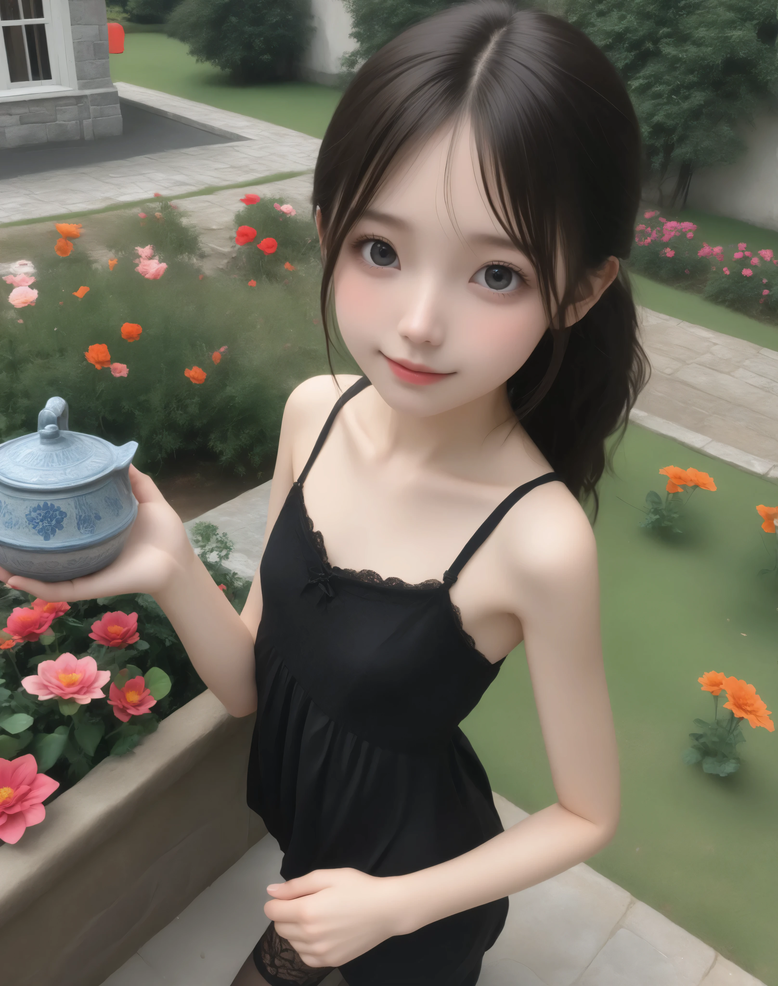 one girl、maids,Look at the audience,(skinny:1.35),(younger:1.19),from above,lean forward,(big boobs:0.04),is watering flowers outside the mansion,japanese,(Smile Yang:0.61),black lace stockings
