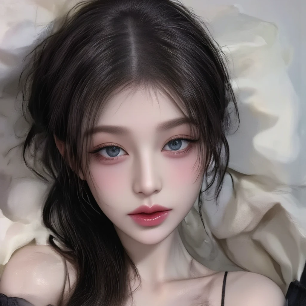 Arafed asian woman with long black hair lying on a bed, Ulzzang, dilraba dilmurat, Jinyoung Shin, jaeyeon nam, linda mulher sul-coreana,  coreana, Heonhwa Choe, adorable and pale korean face, young lovely korean face, pale round face, linda jovem coreana, linda jovem coreana, estacionar a partir de-min, nayeon twice