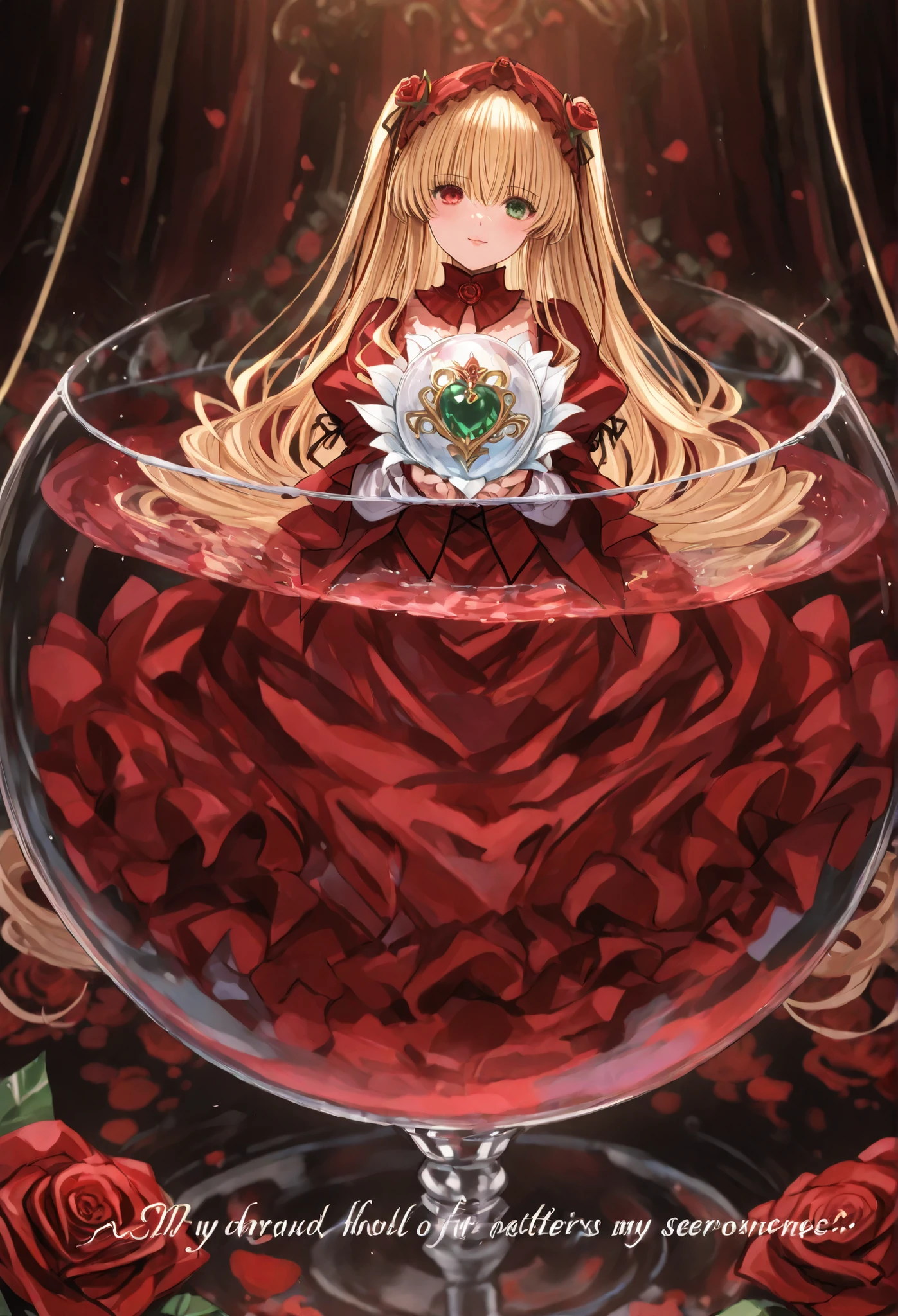 1 Girl, solo, Rozen Maiden、Rose Girl Crimson \(series\), very detailed, 8k, Rose Balloons, Water in a ガラス, Beautiful Dramatic Glasswork Ball in a Glass, red rose🌹 , sapphire emerald , Bright 「it's fine」red dress、red roseを模した帽子
言葉はRose Flower弁。
love is writing。
what are the characters you spell for someone、
my own form of prayer。
What is a letter、white lily of countless souls blooming in the world。
And I am...、Rose Flower々Who remembers the name