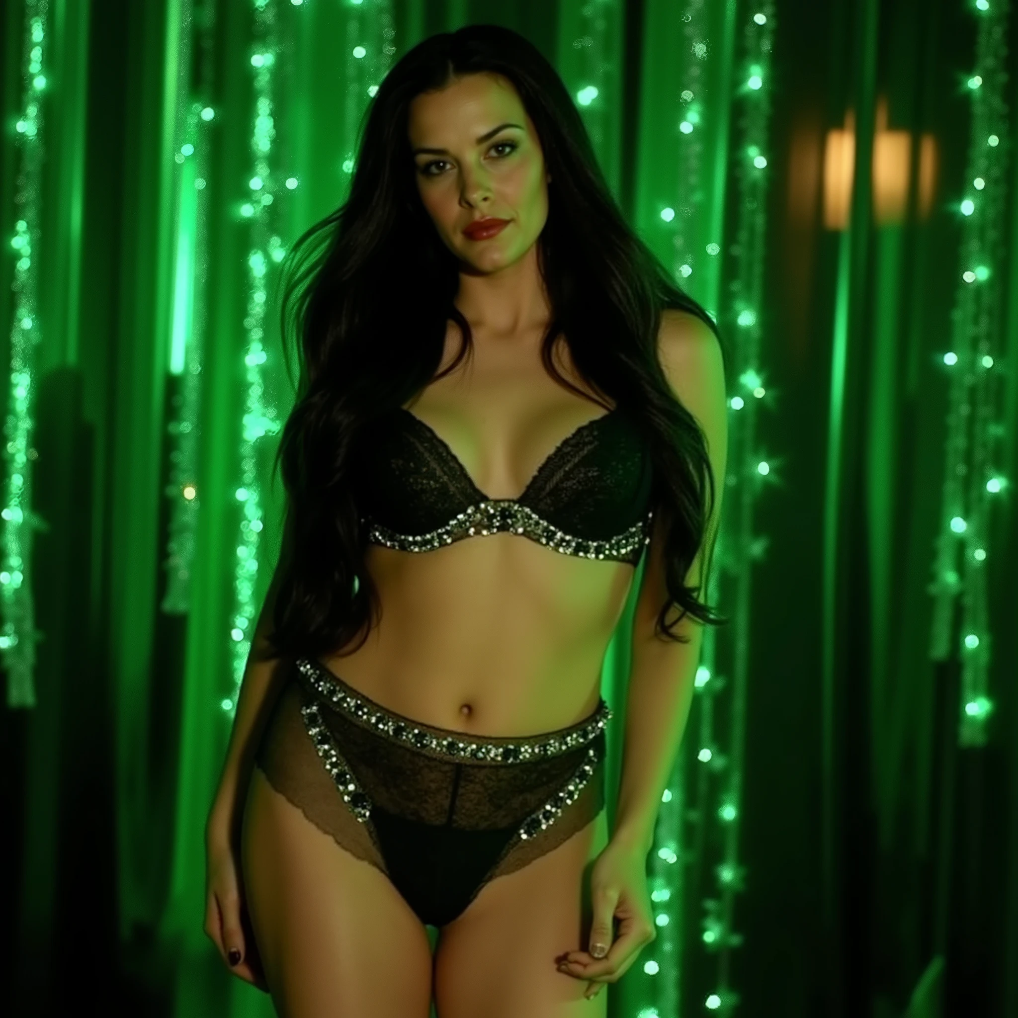 A professional photo of Liv Tyler. She wears a fancy lingerie with rhinestones glowing with green neon light. There are hanging garlands at the background. The garlands are shining. She is confident and she is looking at the camera. Liv Tyler, small bosom, flat bosom, silky dark hair, dynamic pose, professional photo, high quality