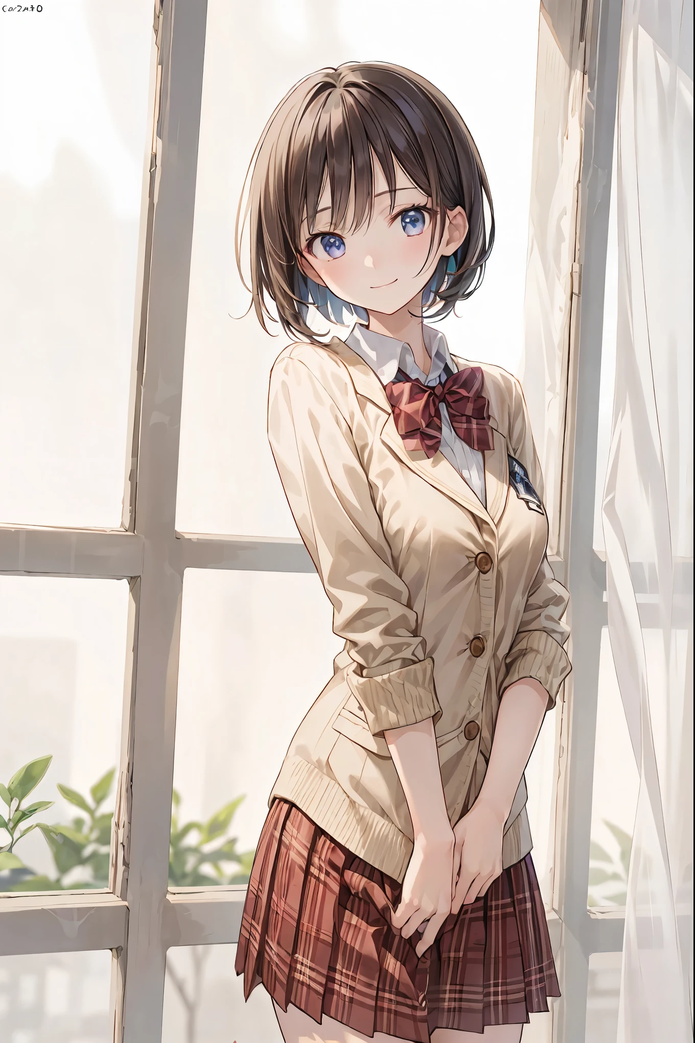 (top quality,8K quality,masterpiece:1.3),(super high resolution,Photorealistic:1.4,original pictures),(Super accurate,Caustics,detailed background),(Surreal Depiction,beautiful detailed skin,perfect anatomia),melew,melew Sky,school,schoolの校庭,18 years old,cute,single eyelid,black haired short bob,SCHOOL BLAZER UNIFORM,staring at the camera,Smile Yang,bust up shot,natural soft light