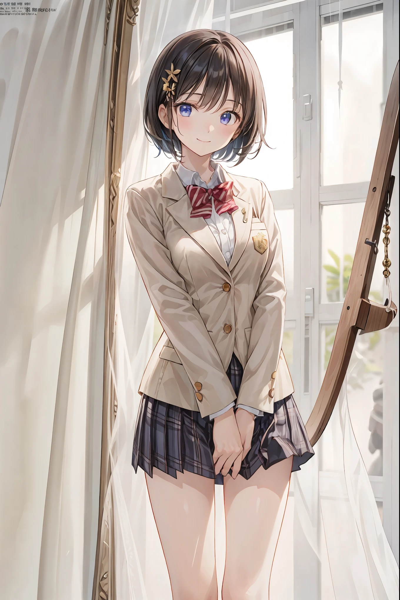 (top quality,8K quality,masterpiece:1.3),(super high resolution,Photorealistic:1.4,original pictures),(Super accurate,Caustics,detailed background),(Surreal Depiction,beautiful detailed skin,perfect anatomia),melew,melew Sky,school,schoolの校庭,18 years old,cute,single eyelid,black haired short bob,SCHOOL BLAZER UNIFORM,staring at the camera,Smile Yang,bust up shot,natural soft light