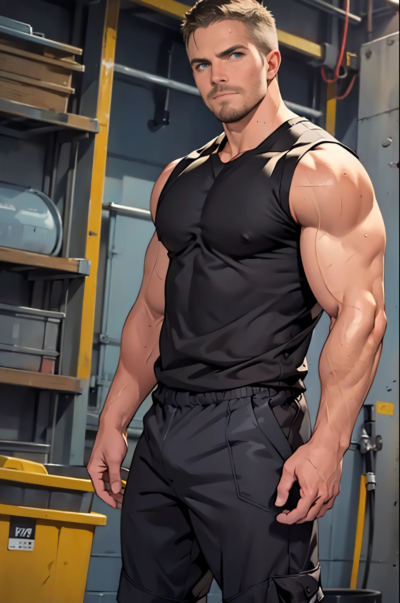 masterpiece, best quality face, perfect anatomy , respectful attitude , confident expression, natural eyes,mature man, muscled and mature, stephen amell as a mechanic , sweating,, full body view