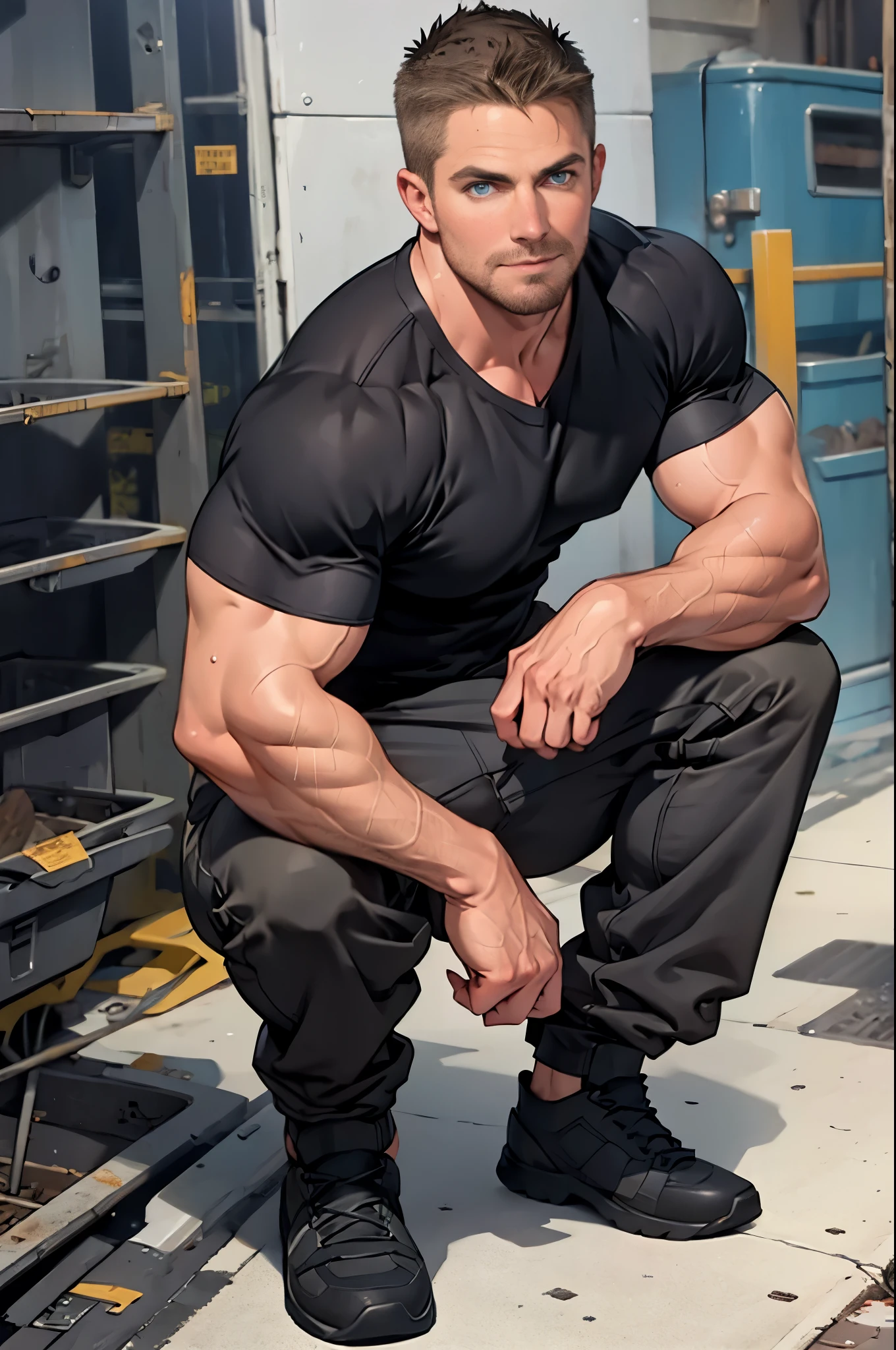 masterpiece, best quality face, perfect anatomy , respectful attitude , confident expression, natural eyes,mature man, muscled and mature, stephen amell as a mechanic , sweating,, full body view