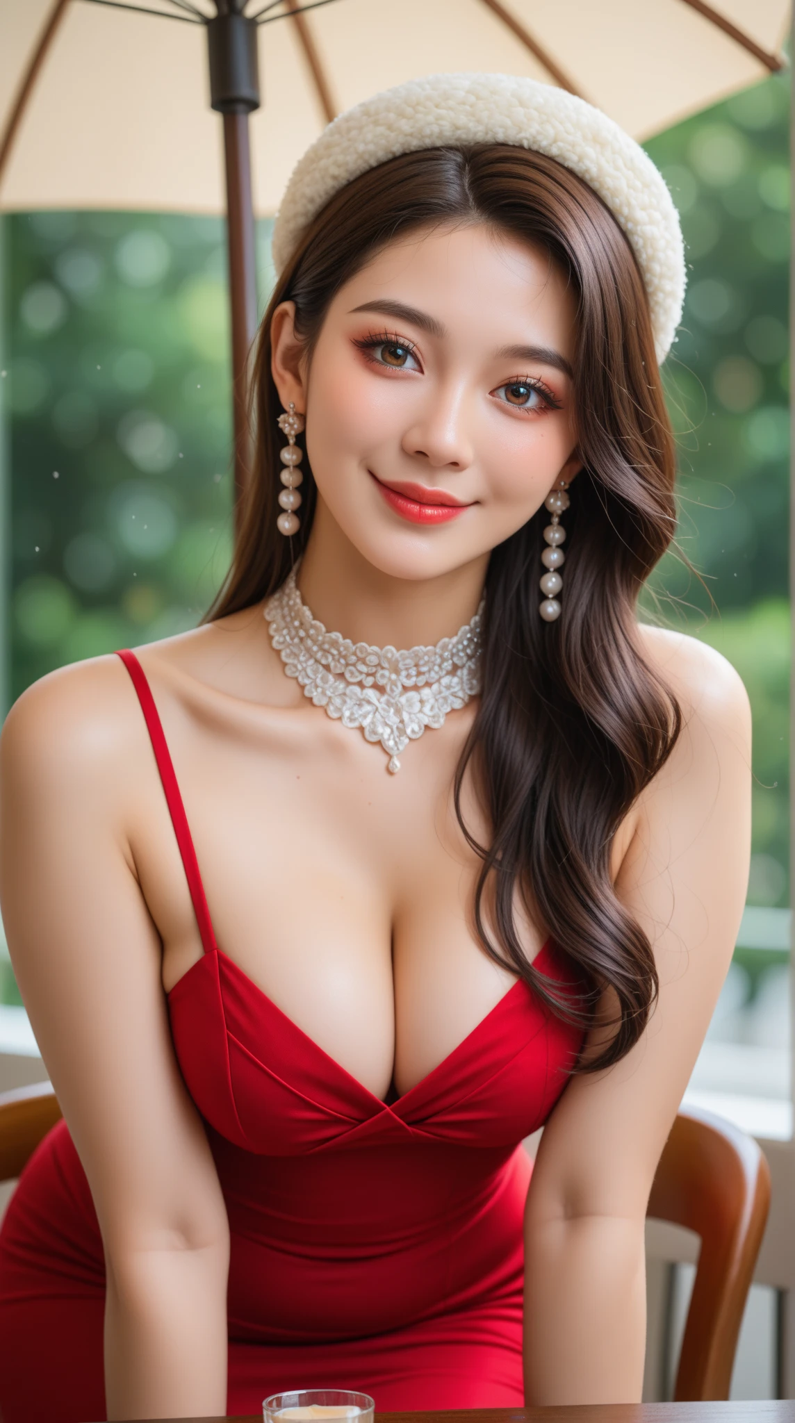 masterpiece, Highest quality, Realistic, Very detailed, Finer details, High resolution, 8k wallpaper, One beautiful woman, Wear an elegant see-through shirt, In a great restaurant, At night, Light brown messy hair, Perfect dynamic composition, Beautiful and beautiful eyes、Big earrings、Sit on a chair、Her cleavage is visible、I see a red bra、35 Talent、You can see the fancy bra、ベッドに横たわる、