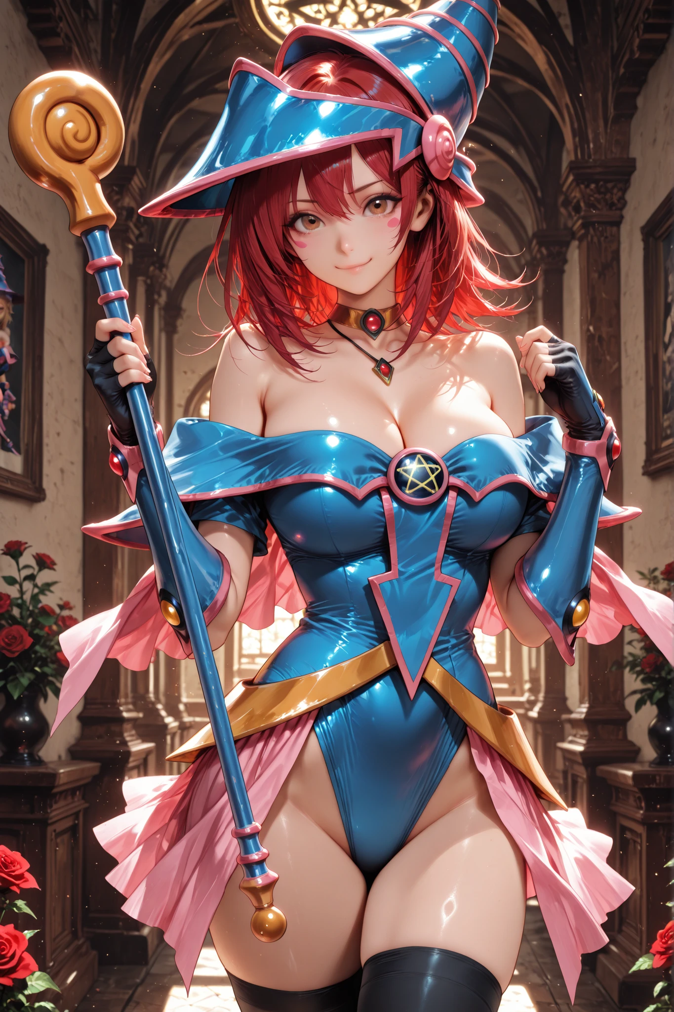 black leggings, choker, cleavage, corset, dress, gloves, hair ornament, jewelry, leggings, necklace, thighhighs, juliet sleeves, pentacle, pentagram, hat, dress, cleavage, shoulders, collarbone, choker, wizard hat, bracer, detached sleeves, skirt, ((aki izayoi)), brown eyes, red hair, short hair, parted bangs, (High-resolution, RAW photo, best quality,4k, 8k, masterpiece:1.2),ultra-detailed, extremely detailed eyes, extremely detailed body, (large masterpiece digital art), (detailed manga illustration), (detailed line art), ((perfect )), (intricate details:1.3), (ultra-detailed:1.3), (illustration:1.3), (sharp focus:1.3), (natural lighting:1.05), (vivid colors:1.3), (masterpiece), best quality, expressive eyes, perfect face, 1girl, shoulders, black thighhighs, , brown eyes, cleavage, closed mouth, cosplay, dark magician girl (cosplay), fingerless gloves, flower, gloves, hands up, holding, holding staff, , leotard, looking at viewer, medium hair, red flower, red hair, rose, shiny skin, smile, solo, staff, thighhighs,