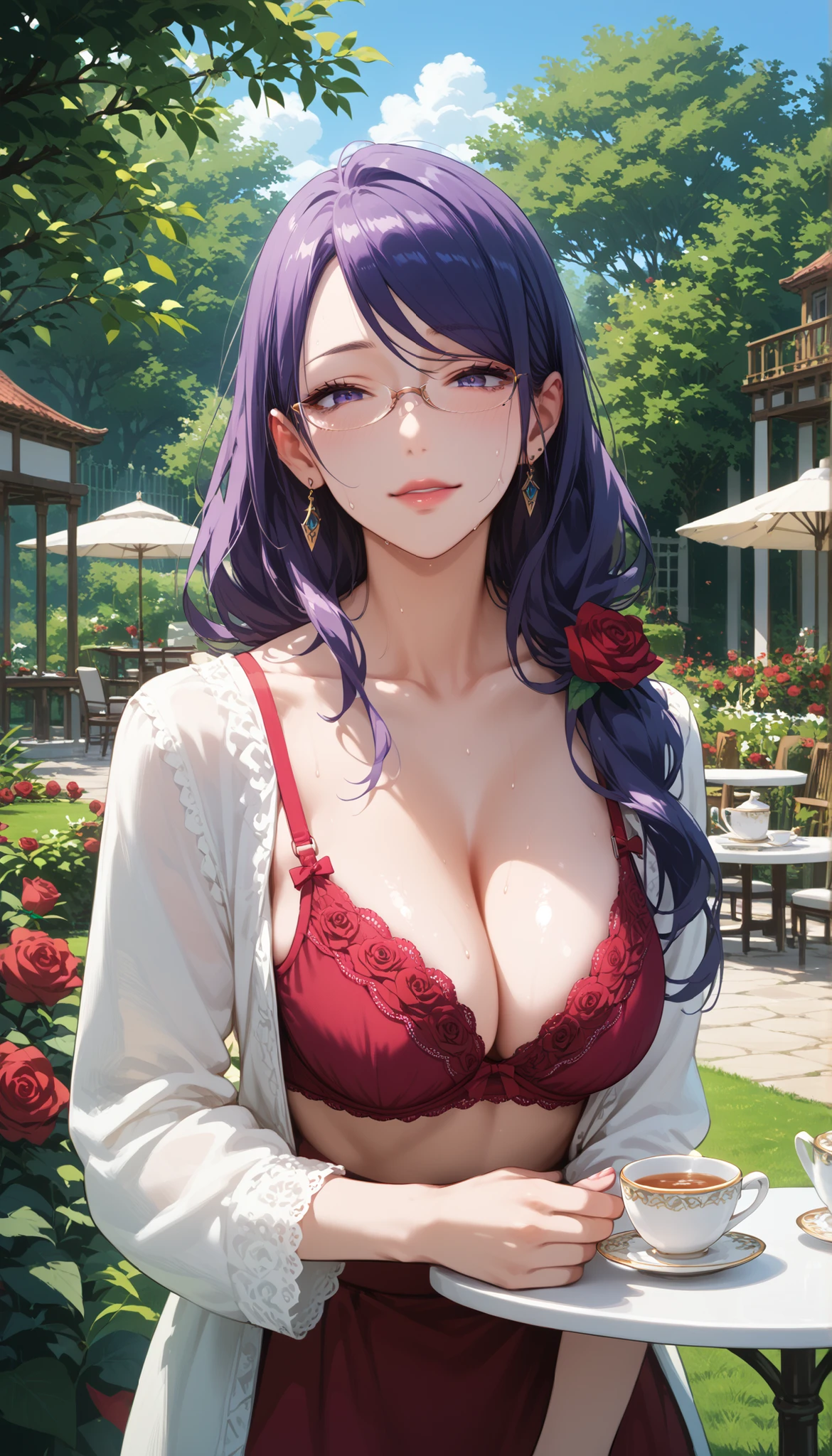 Score_9, Score_8_up, Score_7_up, Score_6_up, Score_5_up, Score_4_up, Source_anime, anime art, anime style, masterpiece, best quality, 1girl, mature woman, , , Rize Kamishiro,,sweating, looking at  you,   lips, , in pain face, long hair ,glasses on, casual clothes, in garden  , saggy breasts , rose garden, tea cup in hand , rose bra