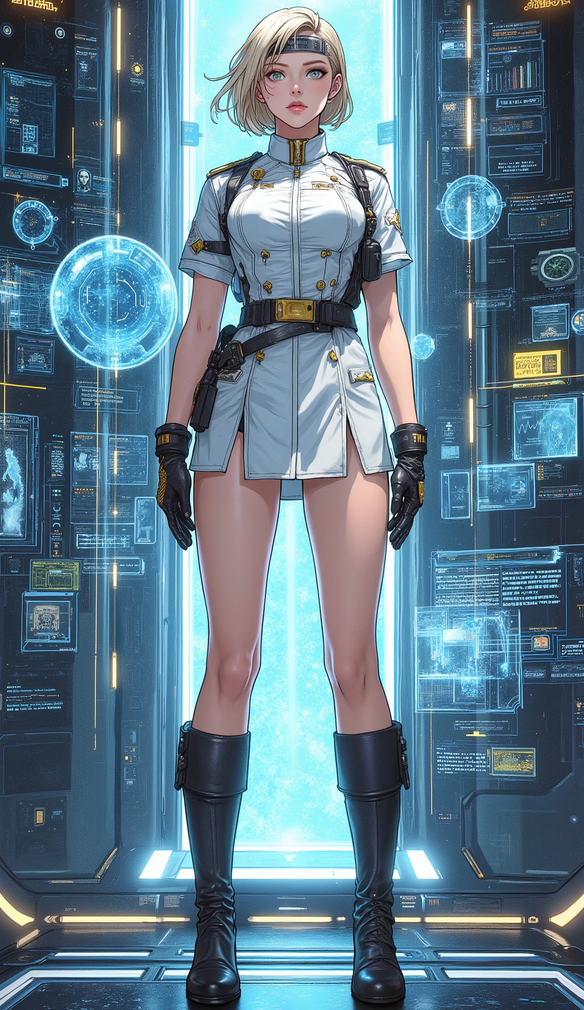 masterpiece, best quality, exquisite mature anime illustration, cinematic lighting, futuristic sci-fi atmosphere. A beautiful woman with short, light-gold hair, a metal headband on her forehead, a perfect oval face, flawless and delicate facial features, fair and smooth skin, a cold gaze, and an indifferent expression. She has a perfect, tall, healthy physique with long, slender, well-toned legs. She is dressed in a futuristic sci-fi short-sleeved military uniform, a matching short skirt with dark leggings, gloves, and knee-high military boots. The character's overall design features white as the primary color, accented with blue and yellow. She is standing in a futuristic sci-fi room, surrounded by holographic AR virtual interfaces. The image presents a futuristic female military officer character. perfect human anatomy, perfect hands, 5 fingers.