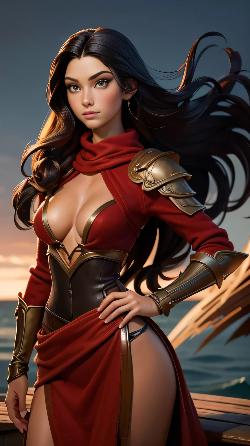 RAW digital art, ultra-realistic 3D render of a stunning woman resembling Native American Woman, Pocahontas, Close-Up portrait, ((young woman)), ((highly detailed face:1.3)), ((perfectly portioned body, perfect female figure:1.3)), ((skinny, slim waist, narrow hips:1.3)), ((seductive gaze)), ((flawless skin texture, long eyelashes, expressive eyes with subtle reflections, makeup)), ((perfect breasts, medium breasts:1.4)), ((smooth yet detailed hair strands, long dark as night hair, shiny hair: 1.2)), soft shadows and cinematic studio lighting, Pixar-inspired style blending vibrant colors with realistic details, ((wearing a red wool gown layered with leather armor:1.25)) on the deck of a longship cutting across icy waters, the wind pulling her hair across her face, One leg bent slightly at the knee, fingertips grazing her thigh, serene expression, background softly blurred with warm tones, (8K resolution, intricate textures, sharp focus)