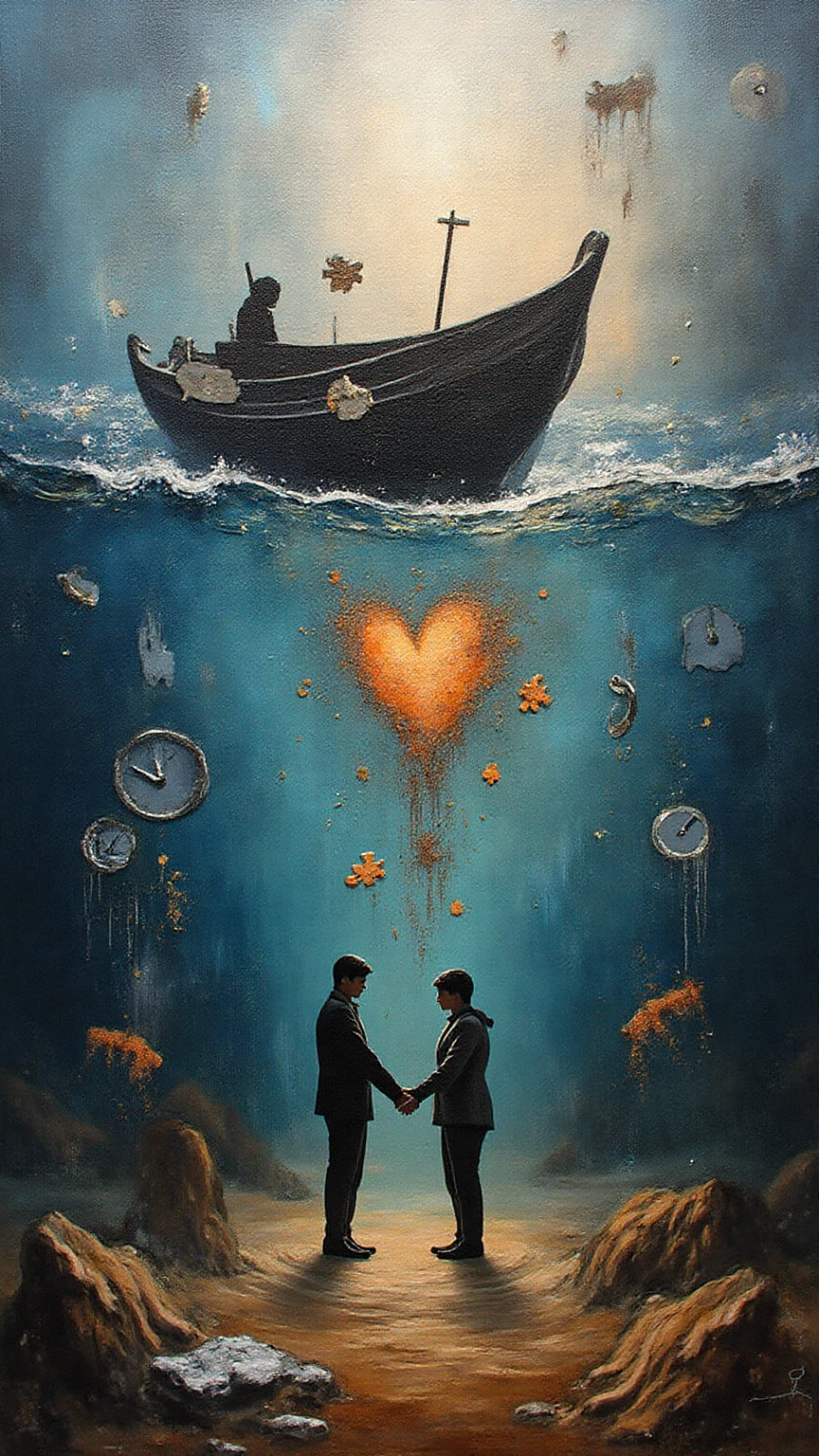 2 girls a little mean and with a heart lock in the hands of a black diver , Not so realistic in the background the beach looking forward 